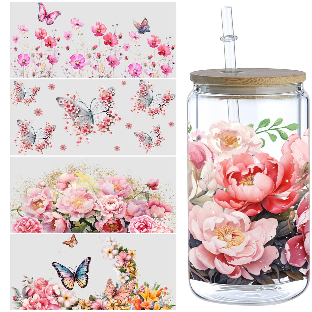 5 Sheets Butterfly and Flowers UV DTF Cup Stickers, Glass Movement DTF Transfer Stickers, Waterproof Wipe Transfer Paper for 16 oz Glass, Mugs, Crafts, Furniture