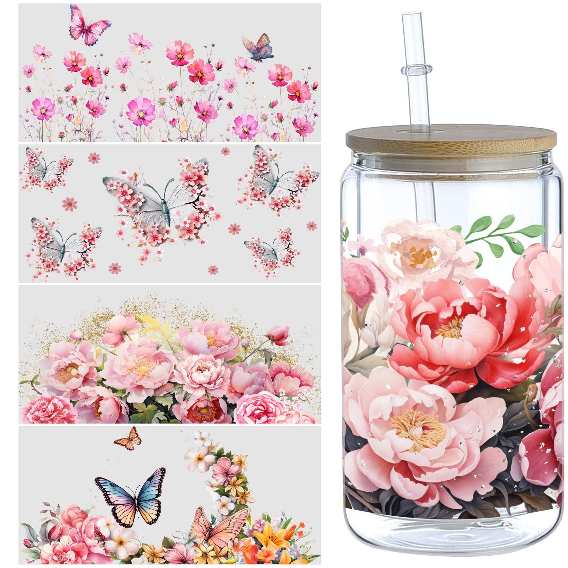 5 Sheets Butterfly and Flowers UV DTF Cup Stickers, Glass Movement DTF Transfer Stickers, Waterproof Wipe Transfer Paper for 16 oz Glass, Mugs, Crafts, Furniture