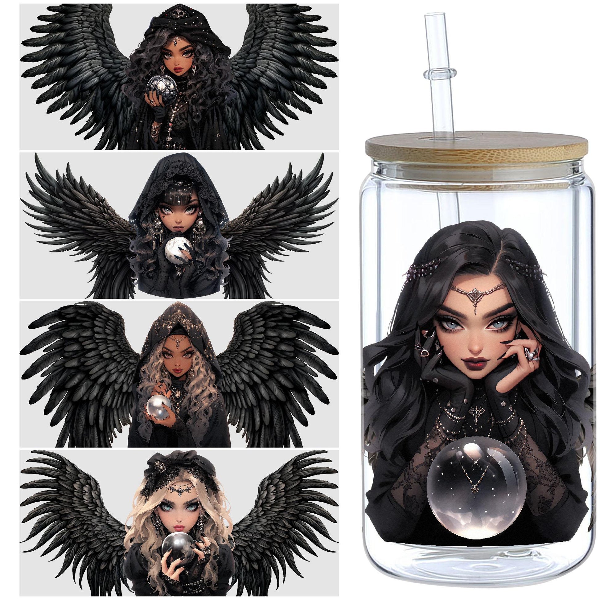 5 Sheets Dark Witch DTF Cup Stickers, Glass Cup DTF Transfer Stickers, Waterproof Spring, Summer, Autumn and Winter Wipeable Transfer Paper, Suitable for 16 Ounces Glass Cups, Cups, Crafts, Furniture