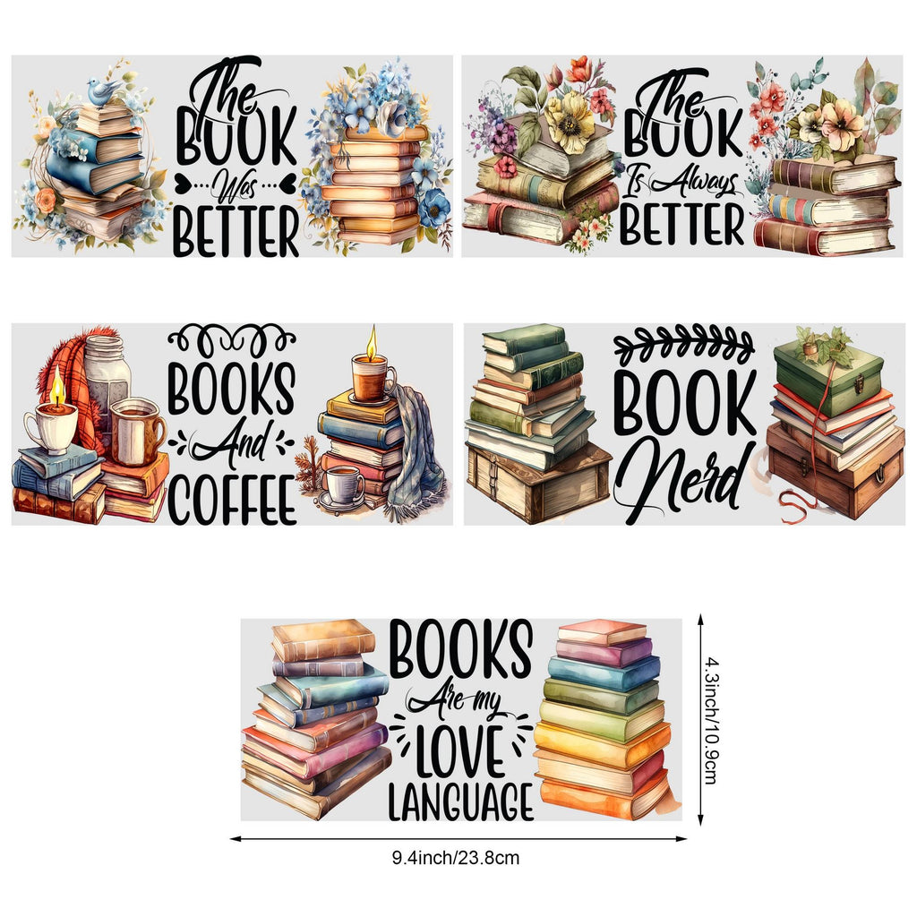 5sheets Book Design UV DTF Cup Stickers, Waterproof Sticker Pack For Decorating Mugs, Cups, Bottles, School Supplies, Etc, Arts Crafts, DIY Art Supplies