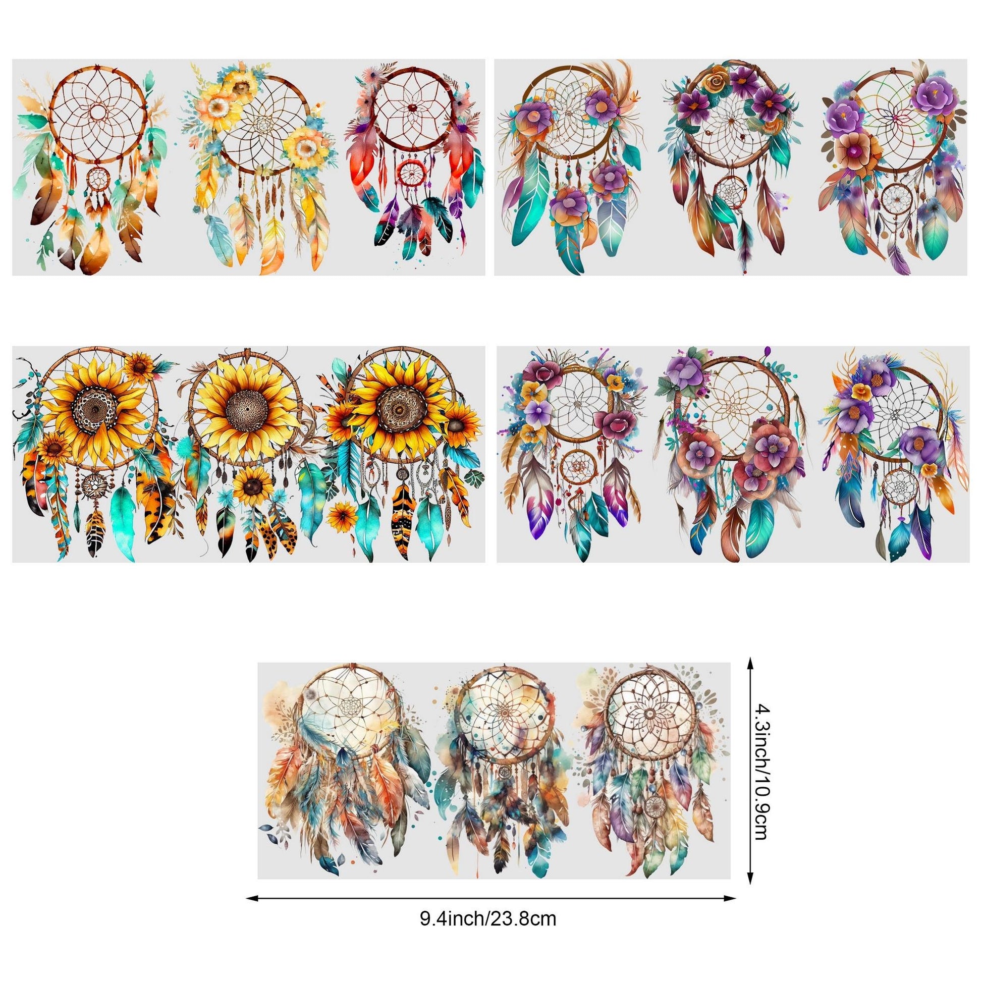5 sheets Feathers Bohemian Dream Catcher UV DTF Cup Stickers, Glass Sports DTF Transfer Stickers, Waterproof Wipe-On Transfer Film for 16 oz Glass, Mugs, Crafts, Furniture