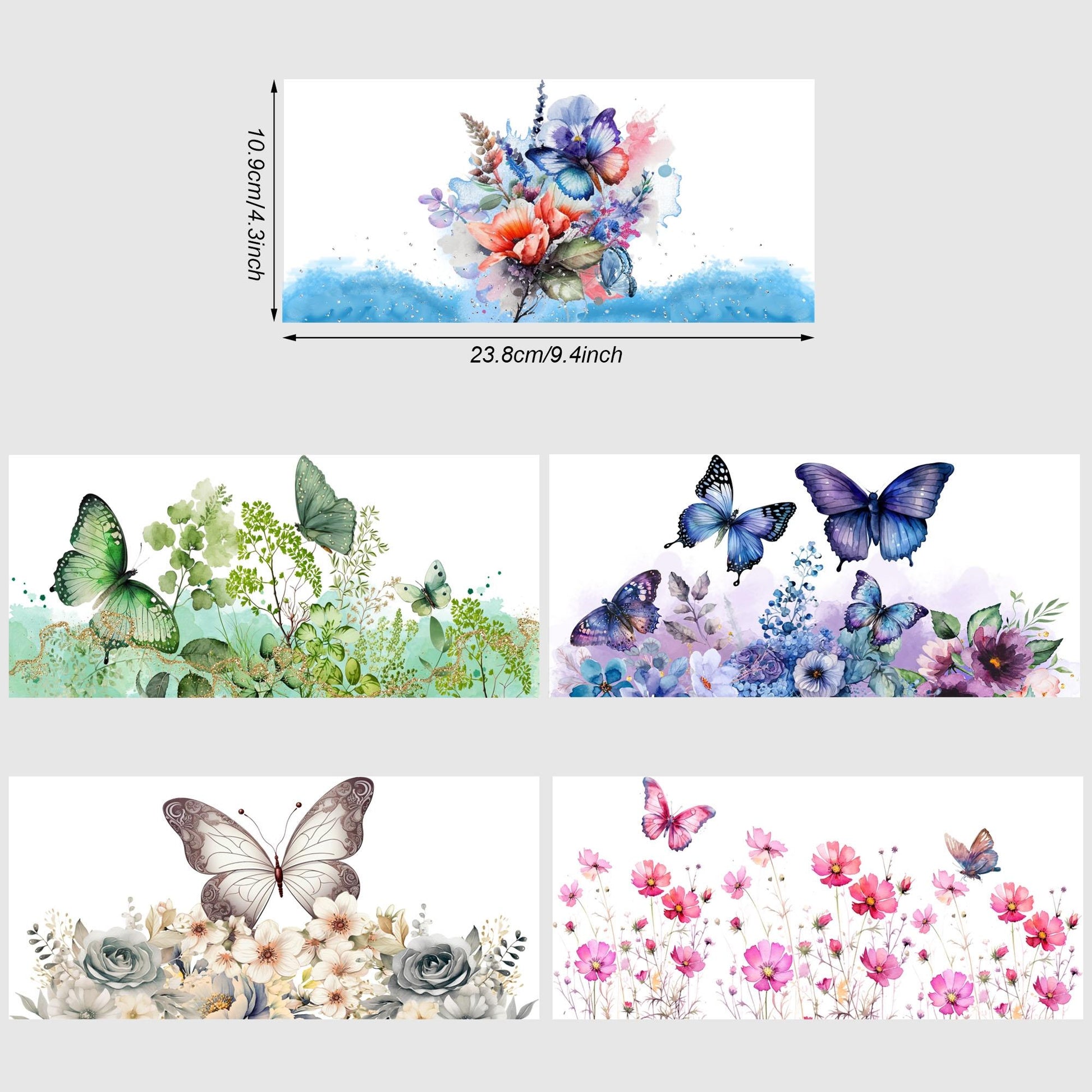 5 Sheets Butterfly and Flowers UV DTF Cup Stickers, Glass Sport DTF Transfer Stickers, Waterproof Plant Wipe Transfer Paper for 16 oz Glass, Mugs, Crafts, Furniture