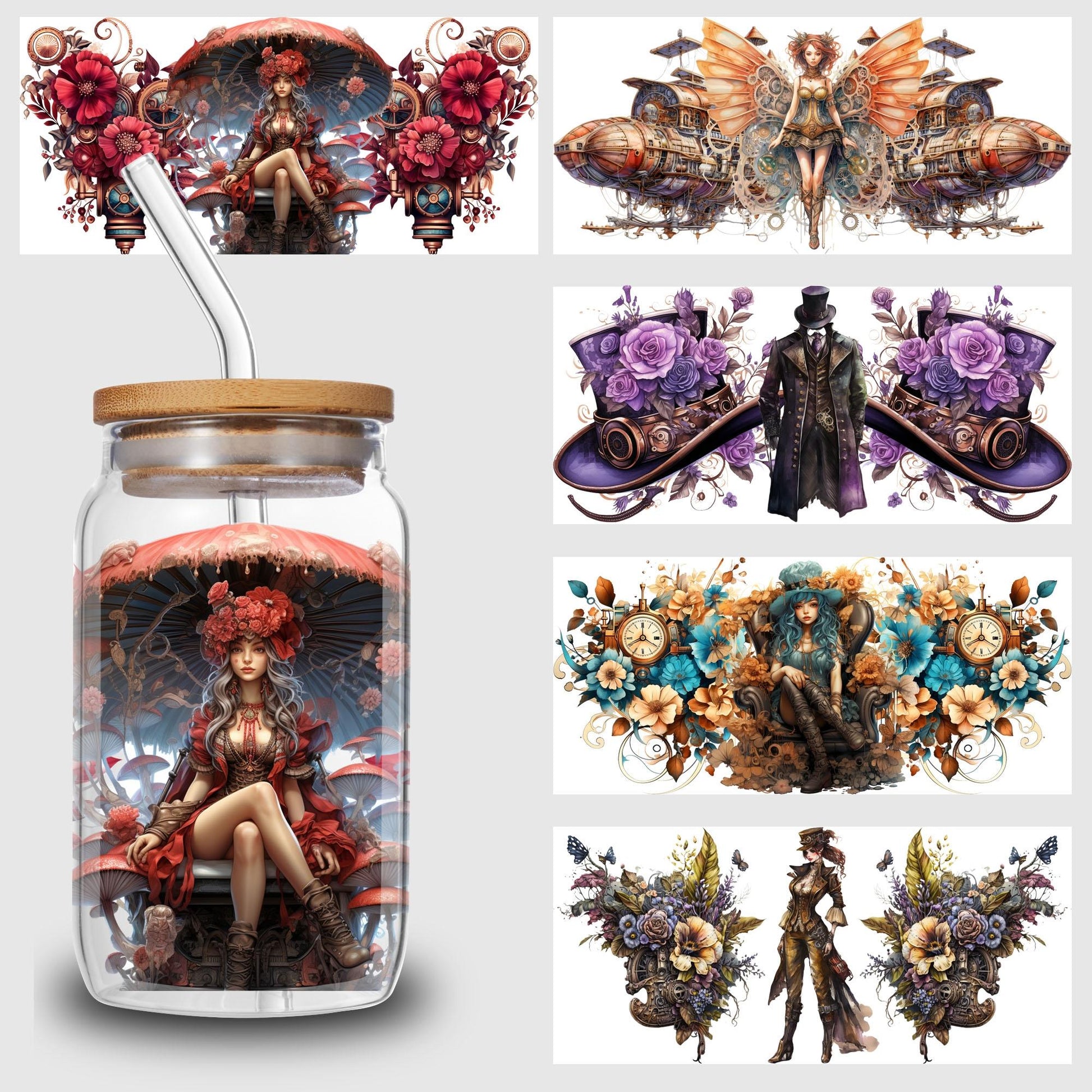 5 Sheets Steampunk UV DTF Cup Wrap,Sport DTF Transfer Stickers for Glass Cup,Waterproof funny Punk animal Rub on Transfers for 16 oz Glass,Mugs,Crafts,Furnitures