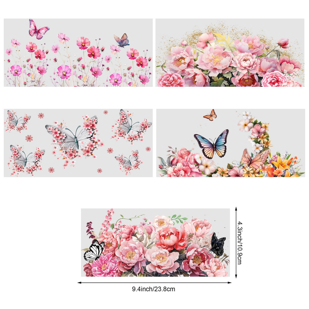 5 Sheets Butterfly and Flowers UV DTF Cup Stickers, Glass Movement DTF Transfer Stickers, Waterproof Wipe Transfer Paper for 16 oz Glass, Mugs, Crafts, Furniture