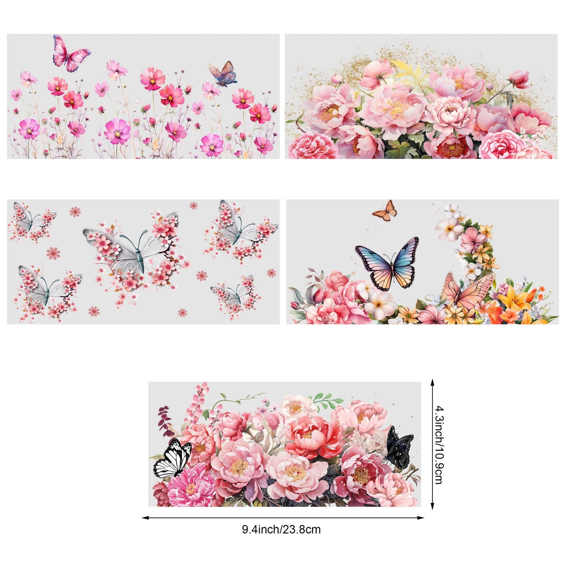 5 Sheets Butterfly and Flowers UV DTF Cup Stickers, Glass Movement DTF Transfer Stickers, Waterproof Wipe Transfer Paper for 16 oz Glass, Mugs, Crafts, Furniture