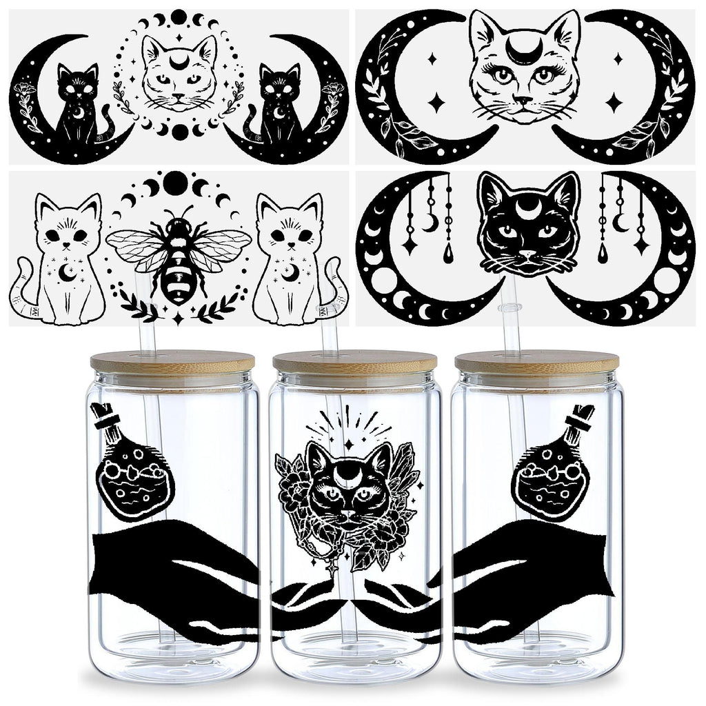 5 sheets Magic Cat UV DTF Cup Stickers, Glass Cup DTF Transfer Stickers, Waterproof Wipeable Transfer Paper for 16oz Glass Cups, Mugs, Crafts, Furniture
