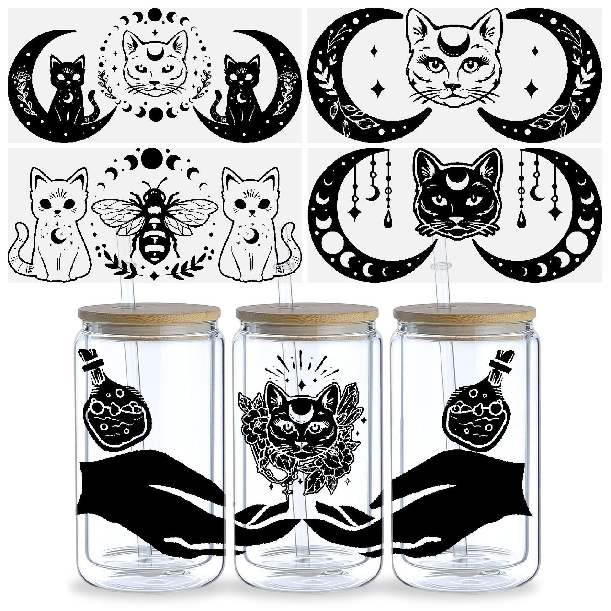 5 sheets Magic Cat UV DTF Cup Stickers, Glass Cup DTF Transfer Stickers, Waterproof Wipeable Transfer Paper for 16oz Glass Cups, Mugs, Crafts, Furniture