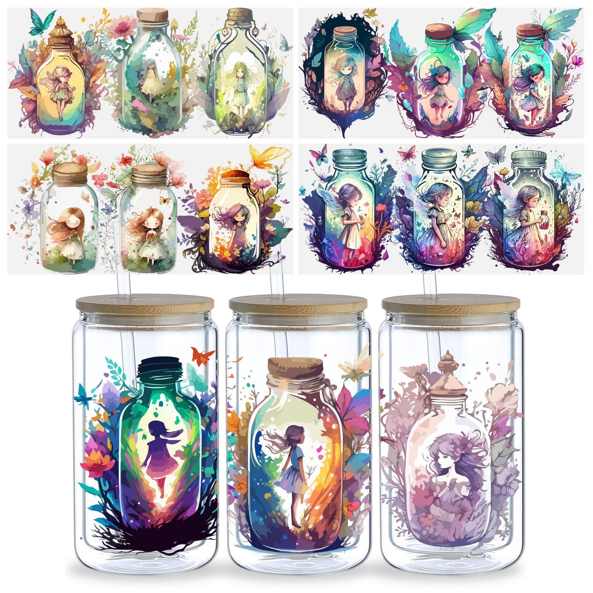 5 Sheets Genie in a Bottle UV DTF Cup Stickers, Glass DTF Transfer Stickers, Waterproof Beautiful Genie Wipe Transfers for 16 oz Glass, Mugs, Crafts, Furniture