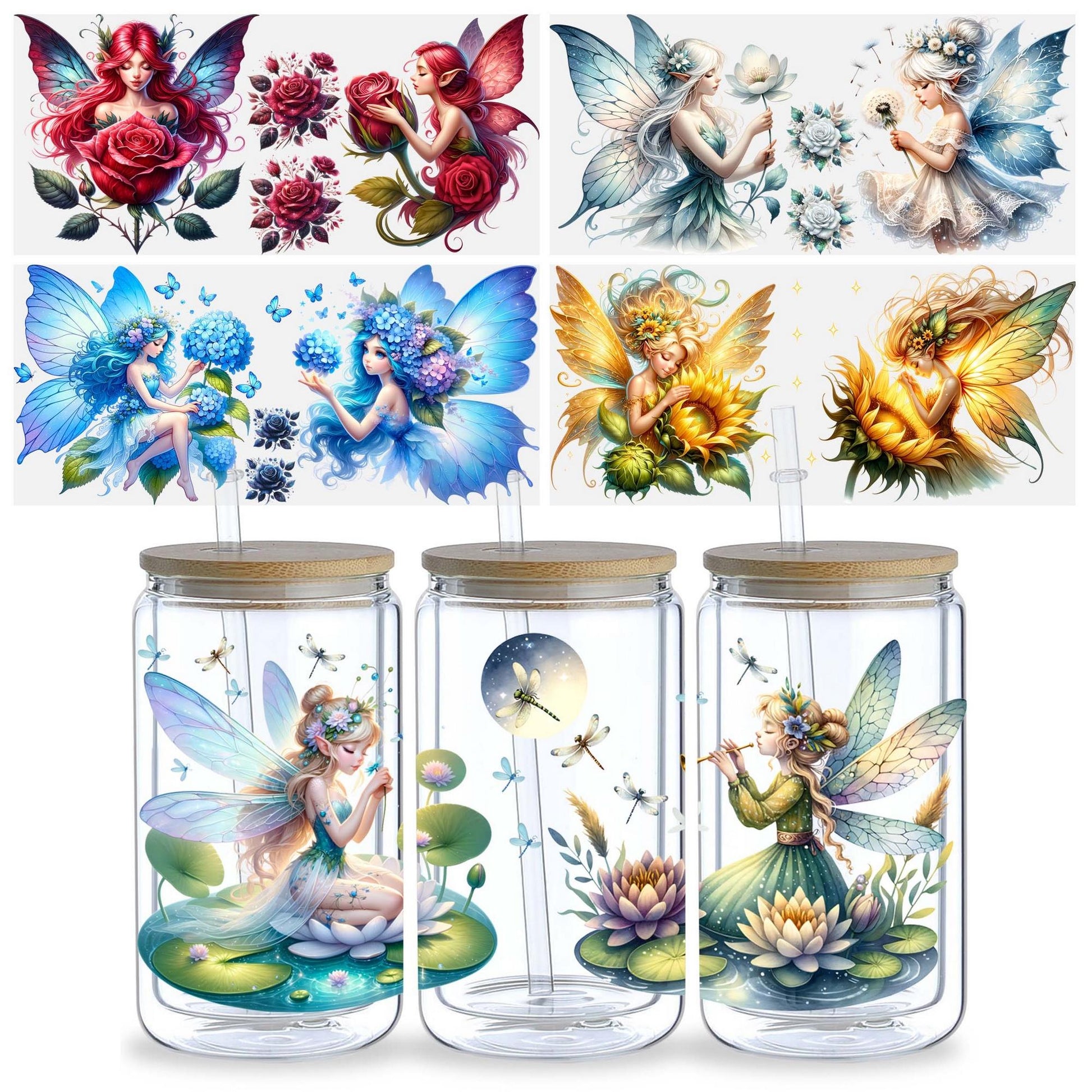 5sheets Flower Fairy UV DTF Cup Packaging for 16oz Glass Cup, Waterproof Beautiful Design UV DTF Sticker Suitable for 16oz Glass Cup, DIY, Furniture, Crafts