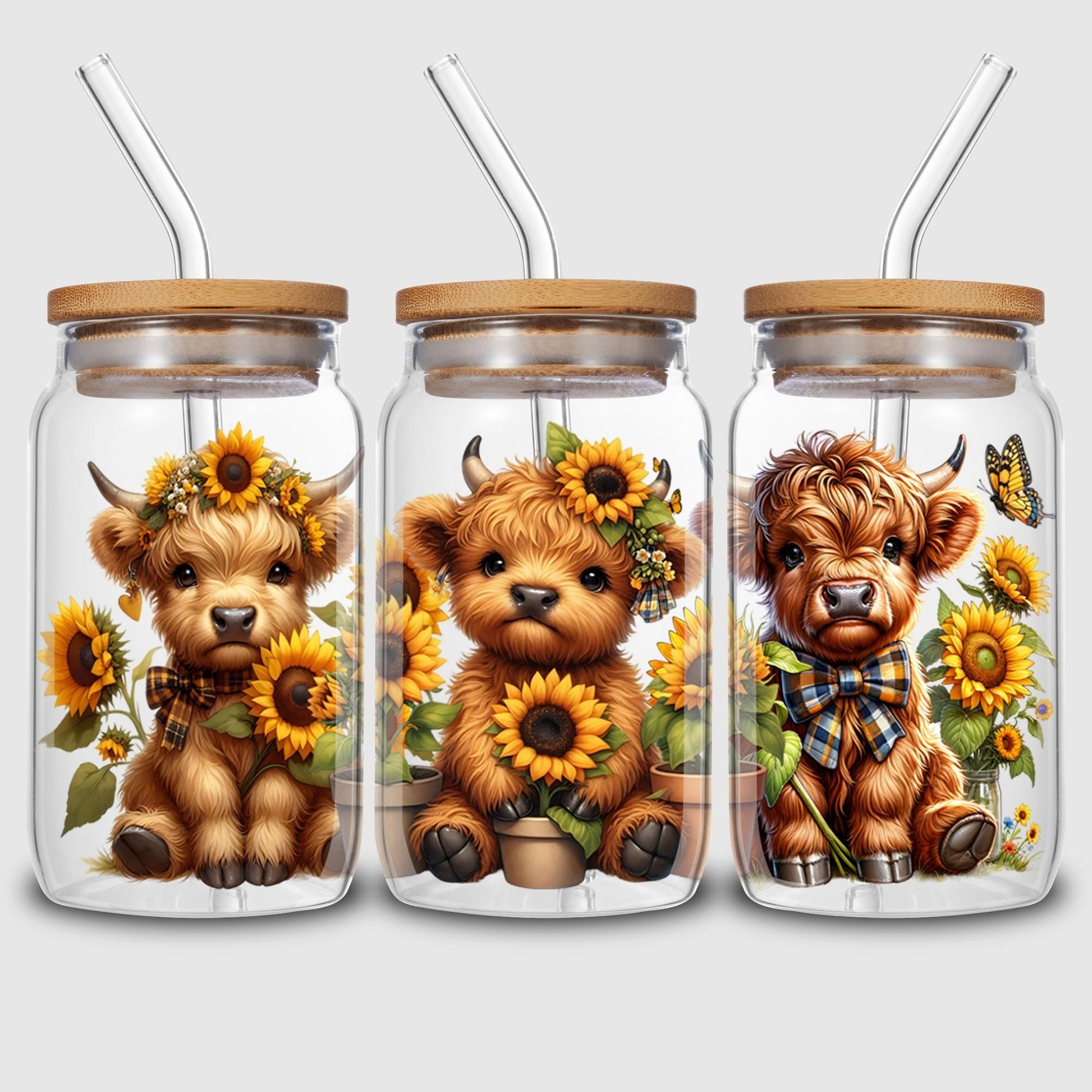 5 Sheets Cow Sunflower UV DTF Cup Stickers, Glass Movement DTF Transfer Stickers, Waterproof Beautiful Wipe-On Transfers for 16 oz Glass, Mugs, Crafts, Furniture