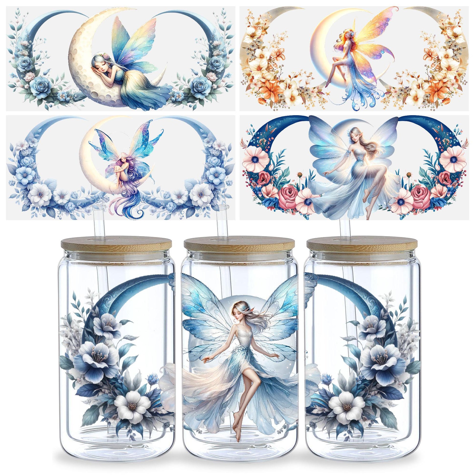 5 Sheets Moon Fairy UV DTF Cup Stickers, Glass Cup DTF Transfer Stickers, Waterproof Magic Moon Fairy Wipeable Transfer Paper for 16 Ounces Glass Cups, Mugs, Crafts, Furniture
