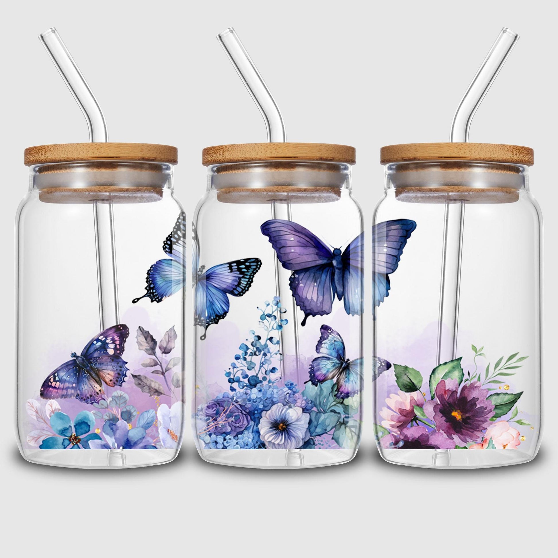 5 Sheets Butterfly and Flowers UV DTF Cup Stickers, Glass Sport DTF Transfer Stickers, Waterproof Plant Wipe Transfer Paper for 16 oz Glass, Mugs, Crafts, Furniture