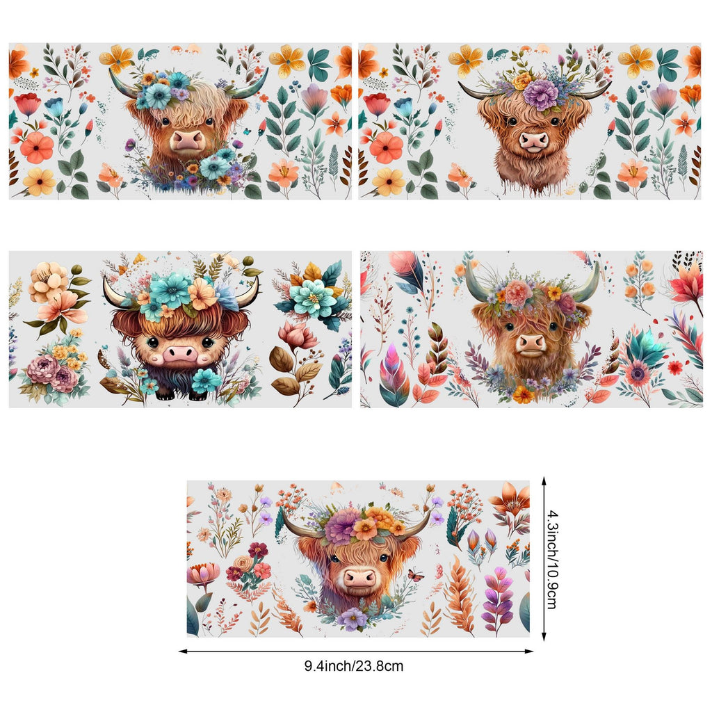 5 Sheets Cow Sunflower UV DTF Cup Stickers, Glass Movement DTF Transfer Stickers, Waterproof Beautiful Wipe-On Transfers for 16 oz Glass, Mugs, Crafts, Furniture