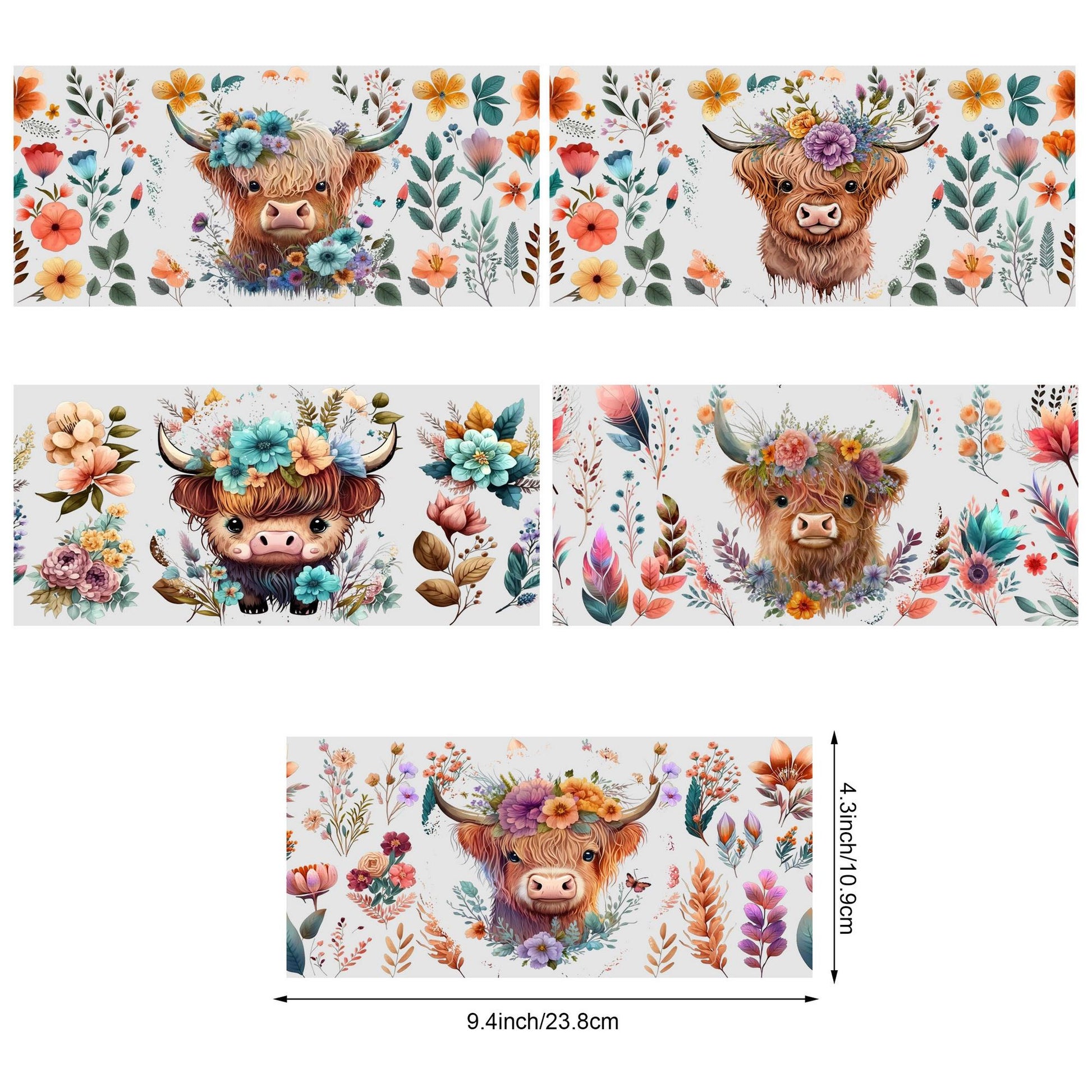5 Sheets Cow Sunflower UV DTF Cup Stickers, Glass Movement DTF Transfer Stickers, Waterproof Beautiful Wipe-On Transfers for 16 oz Glass, Mugs, Crafts, Furniture