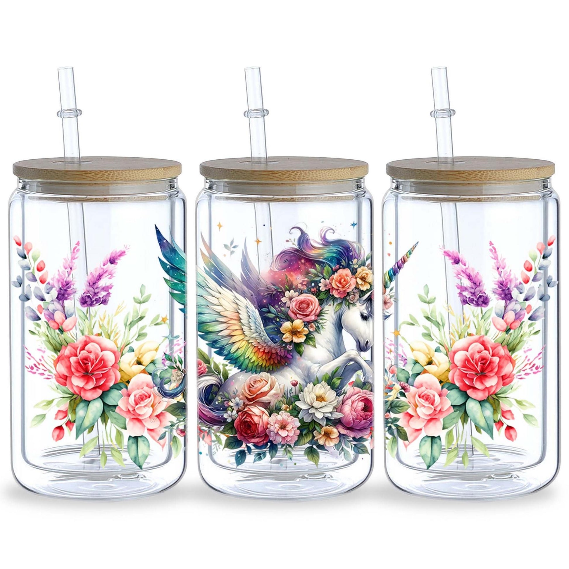 5 Sheets Unicorn UV DTF Cup Holder 16 oz, Beautiful Unicorn DTF Cup Holder Transfer Glass, Water Bottle Waterproof Sticker, Friction Transfer Sticker, Furniture Crafts