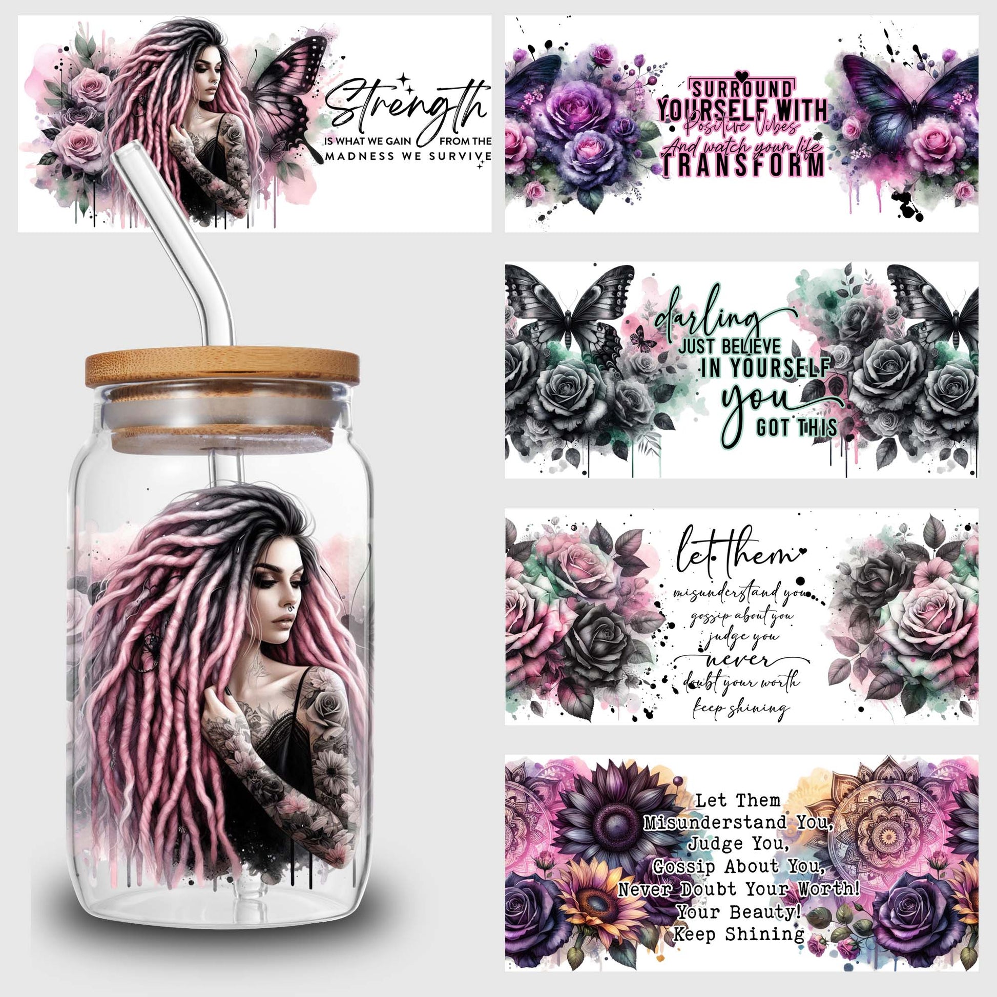 5 sheets inspirational UV DTF cup stickers, DTF transfer stickers, waterproof wipe transfer paper, suitable for 16 oz glasses