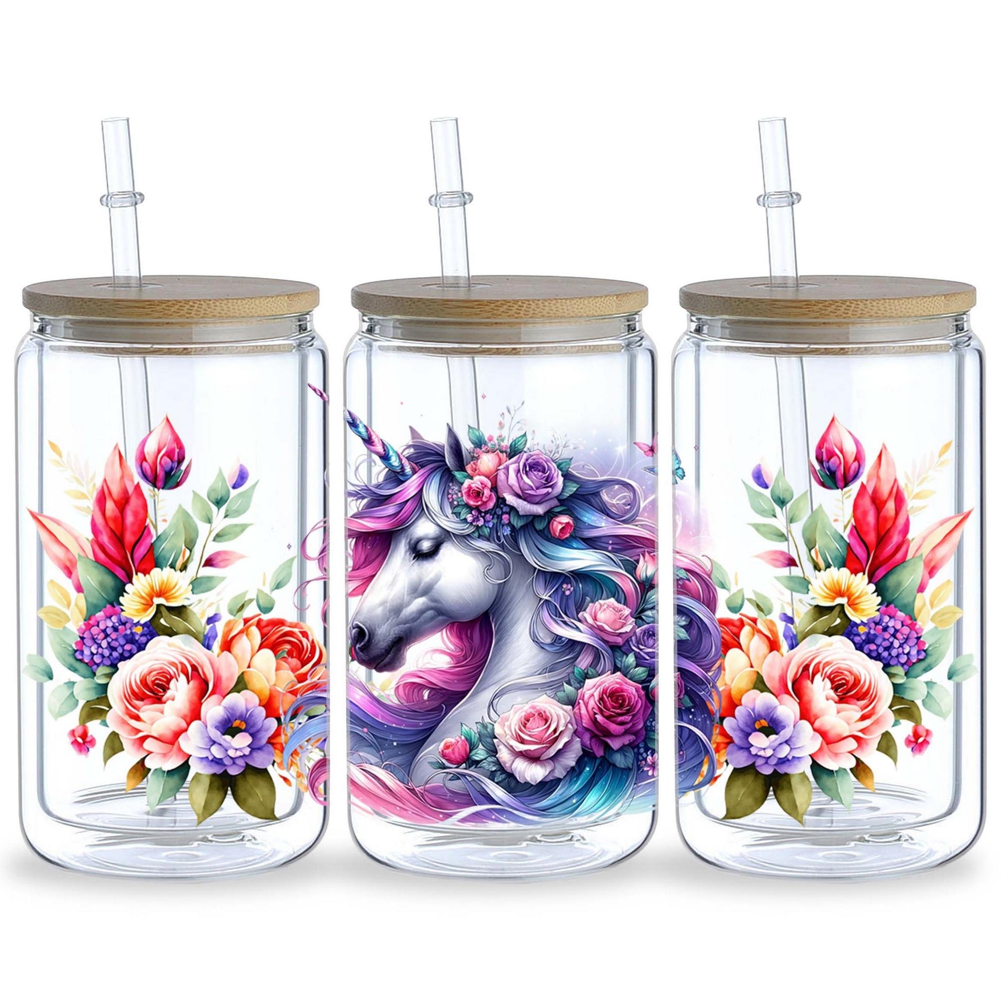 5 Sheets Unicorn UV DTF Cup Holder 16 oz, Beautiful Unicorn DTF Cup Holder Transfer Glass, Water Bottle Waterproof Sticker, Friction Transfer Sticker, Furniture Crafts