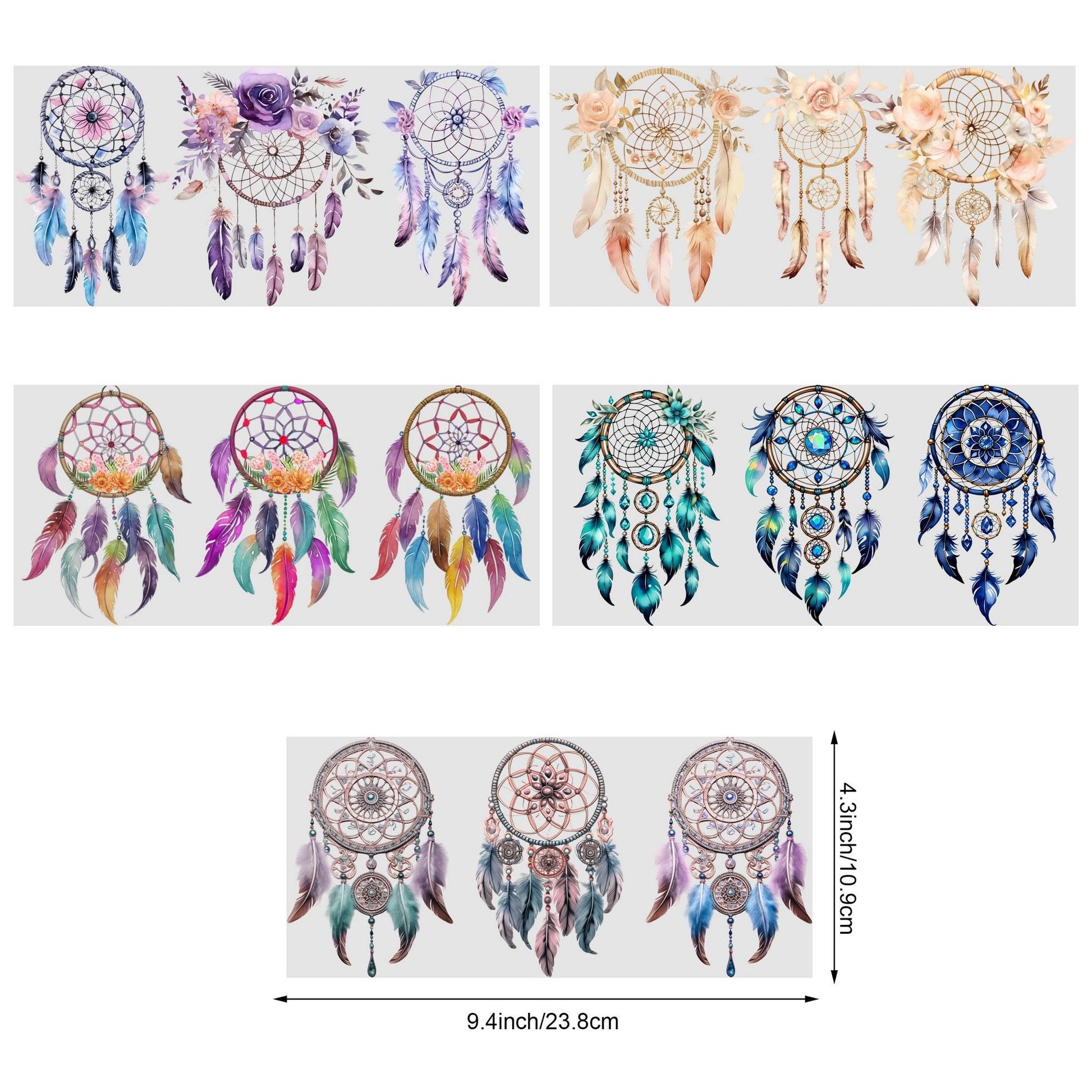 5 sheets Feathers Bohemian Dream Catcher UV DTF Cup Stickers, Glass Sports DTF Transfer Stickers, Waterproof Wipe-On Transfer Film for 16 oz Glass, Mugs, Crafts, Furniture