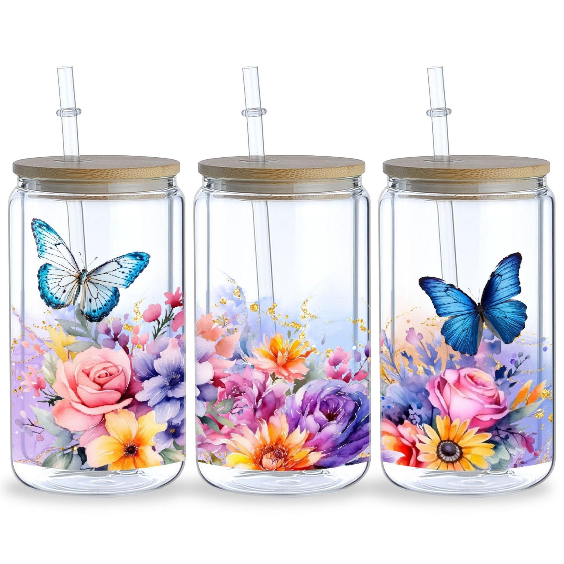 5sheets Butterfly And Flower UV Waterproof Self-Adhesive Paper For Cups And Water Bottle Stickers, DTF Grade Stickers For 16 Oz Glass
