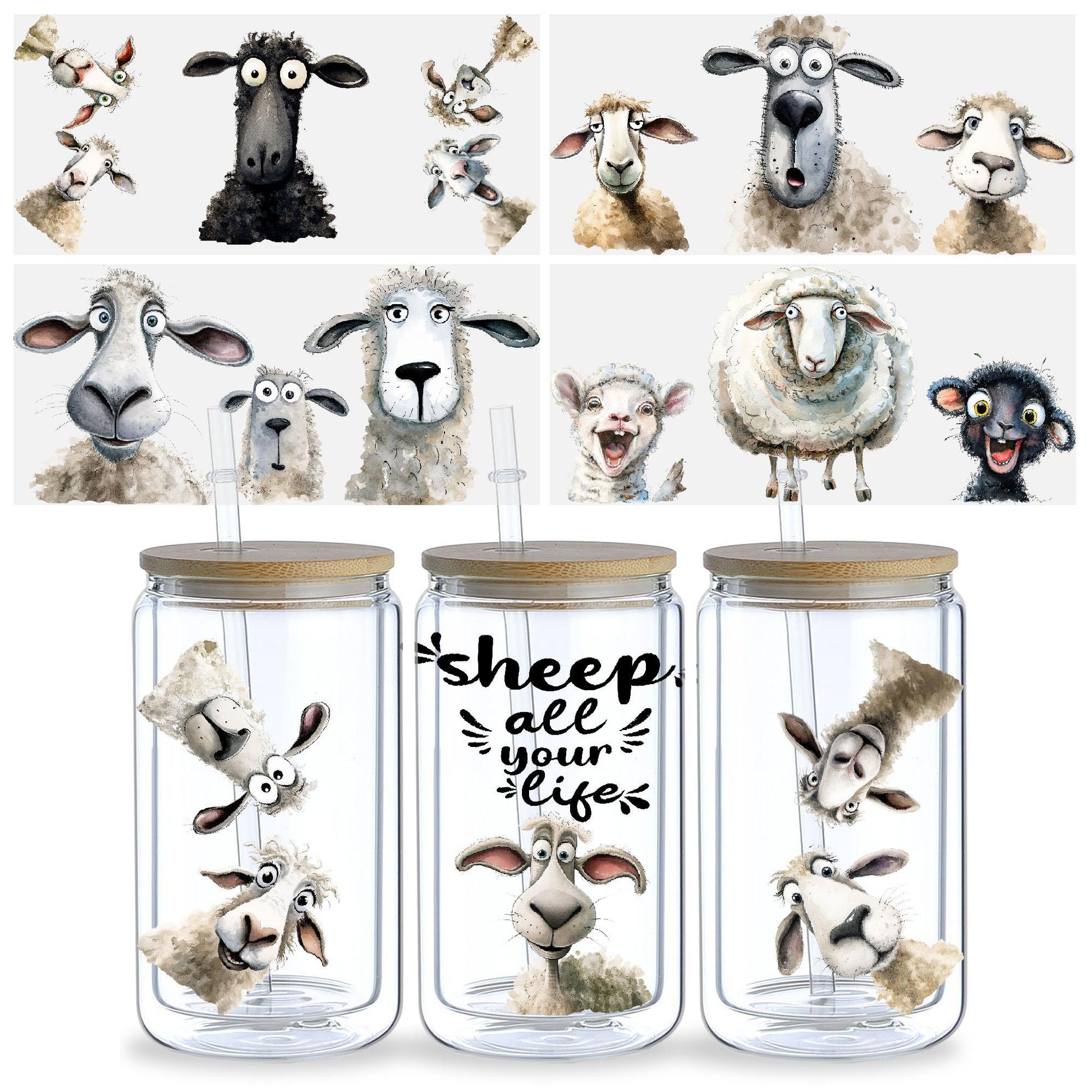 5 sheets Sheep UV DTF Cup Stickers, Glass Cup DTF Transfer Stickers, Waterproof Funny Sheep Wipeable Transfer Paper for 16 oz Glass, Cups, Crafts, Furniture