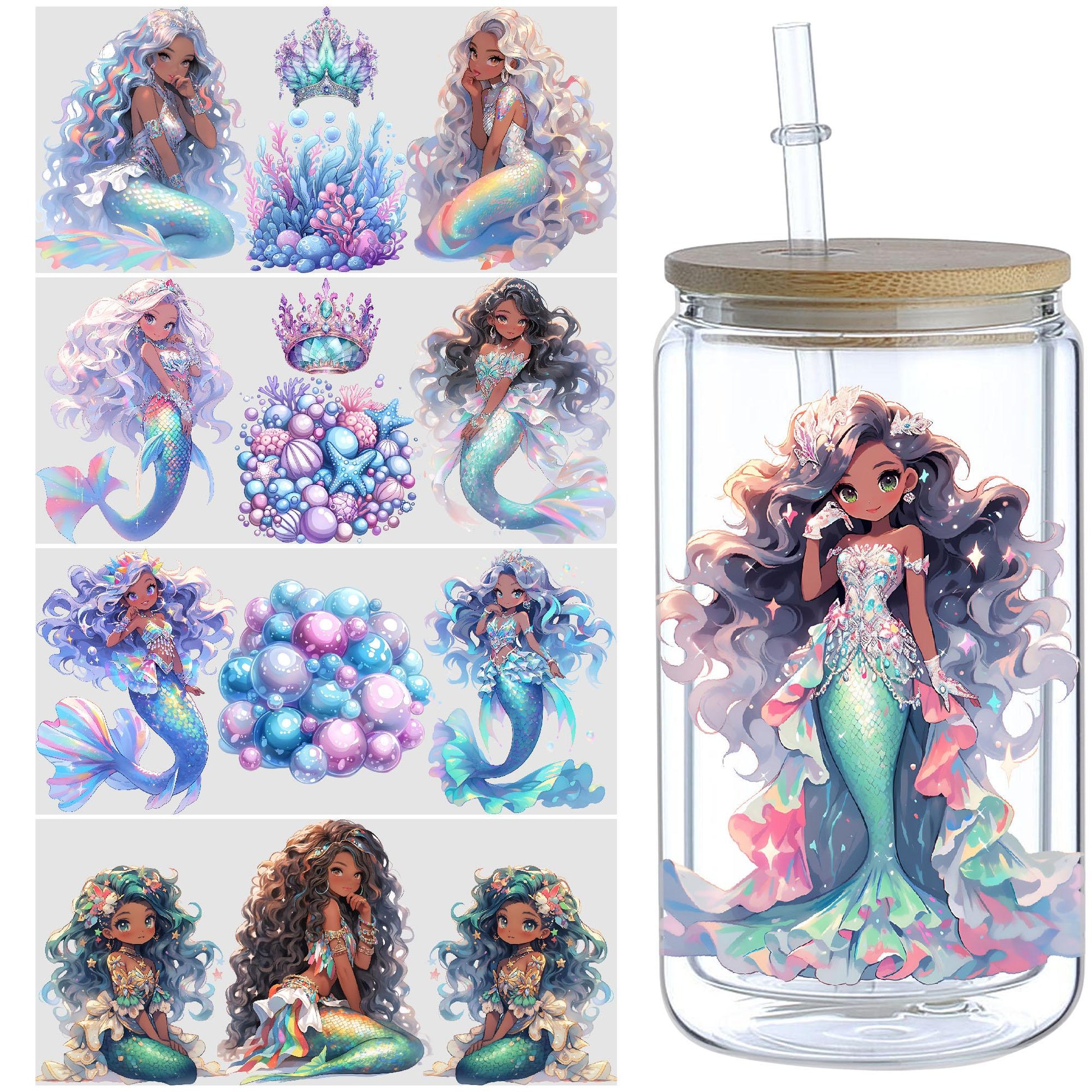 5 Sheets Mermaid UV DTF Cup Sleeve 16oz, DTF Cup Sleeve Transfer Glass, Water Bottle Waterproof Sticker, Friction Transfer Sticker, Furniture Crafts