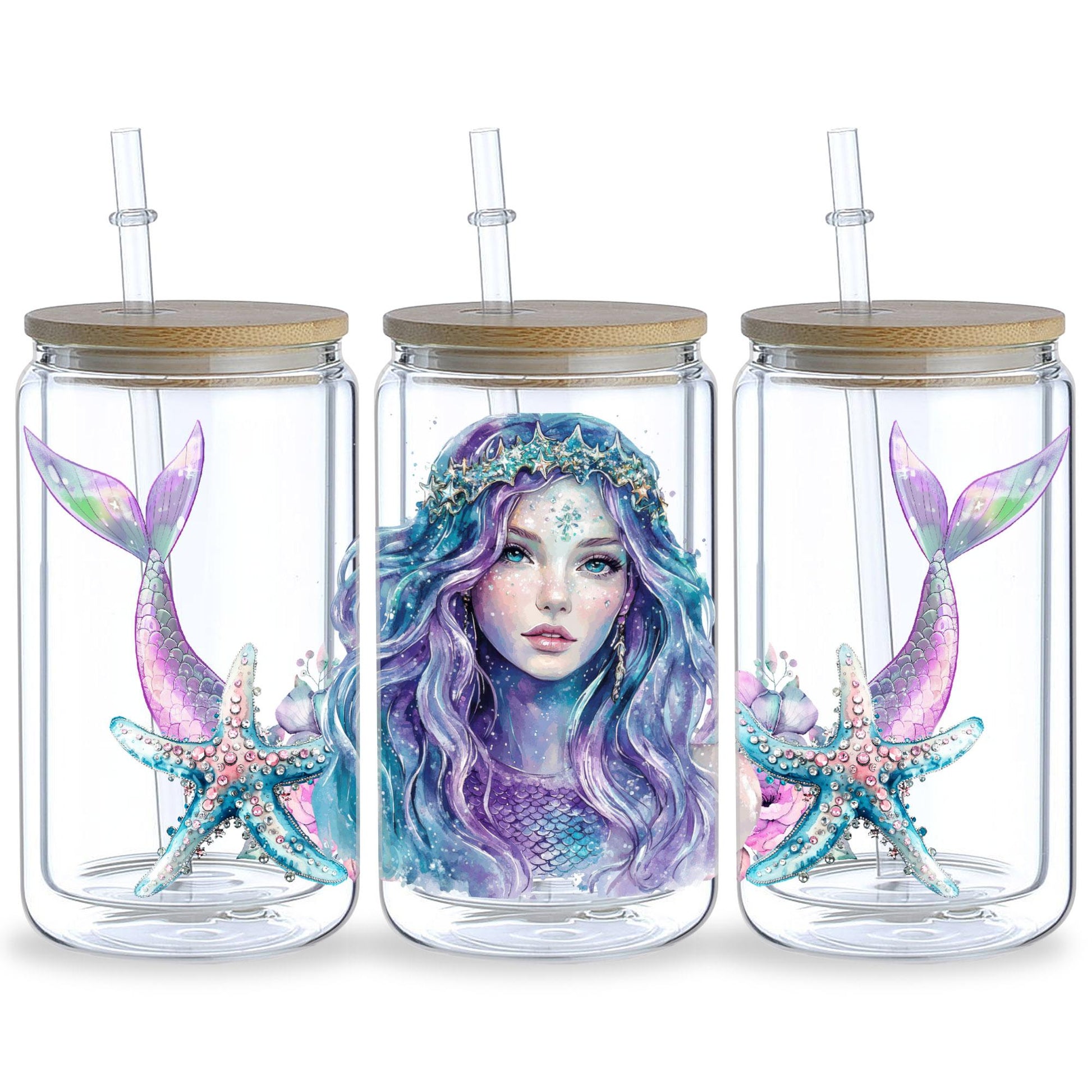 5 Sheets Mermaid UV DTF Cup Stickers, Glass Cup DTF Transfer Stickers, Waterproof Beautiful Mermaid Wipeable Transfer Paper for 16 Ounces Glass Cups, Mugs, Crafts, Furniture
