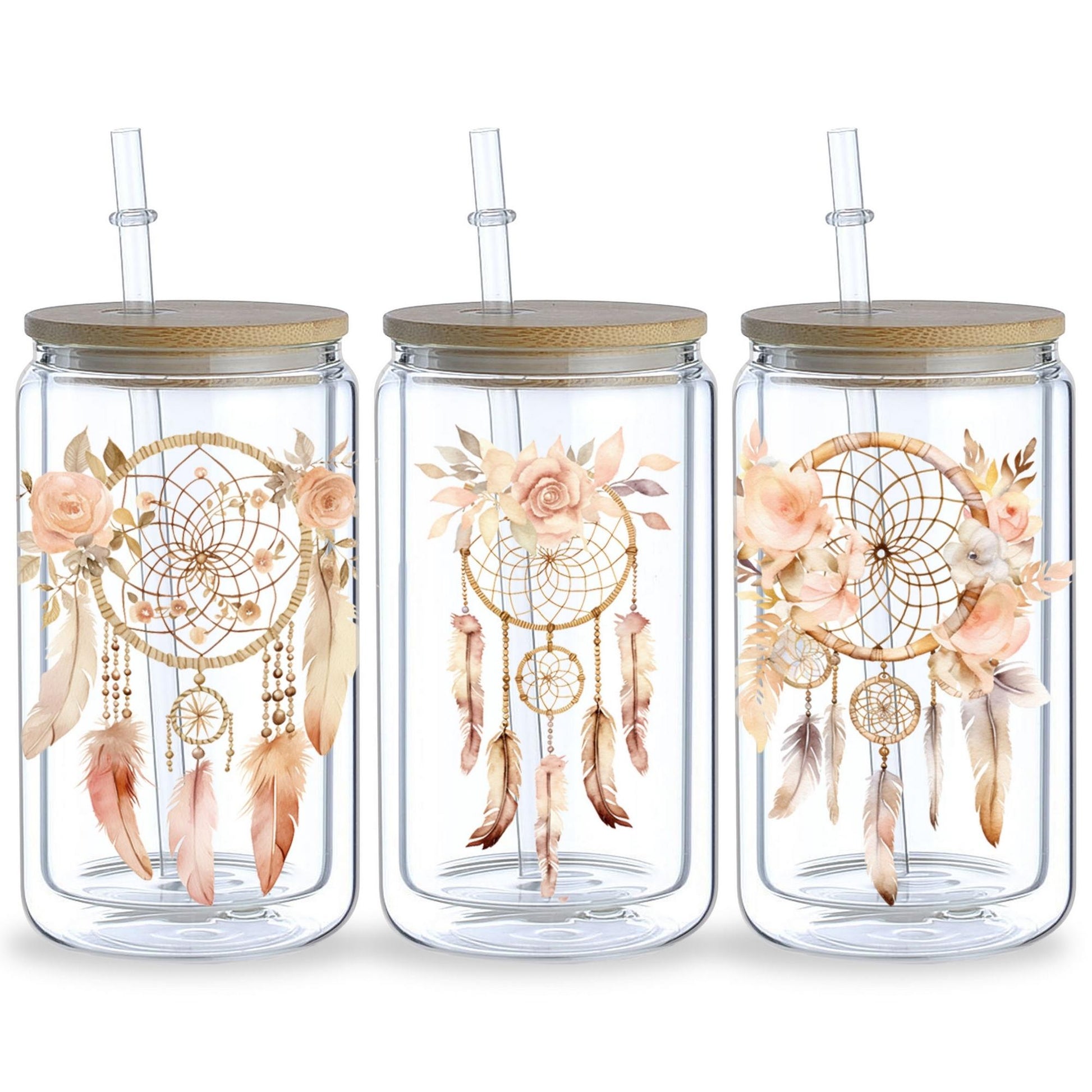5 sheets Feathers Bohemian Dream Catcher UV DTF Cup Stickers, Glass Sports DTF Transfer Stickers, Waterproof Wipe-On Transfer Film for 16 oz Glass, Mugs, Crafts, Furniture
