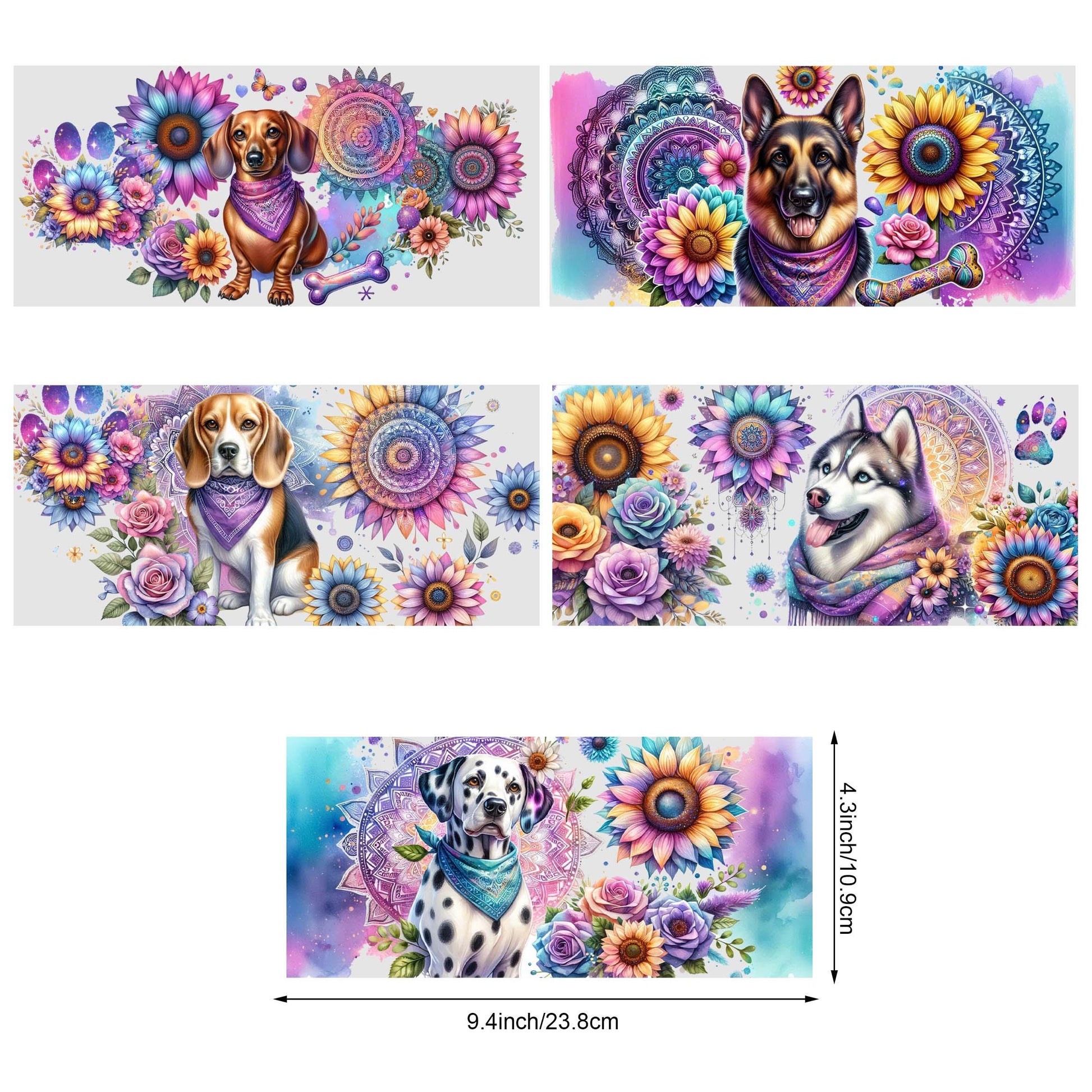 5 Sheets Sunflower Dog UV DTF Cup Stickers, Glass Cup DTF Transfer Stickers, Waterproof Funny Dog Wipeable Transfer Paper for 16 Ounces Glass Cups, Mugs, Crafts, Furniture