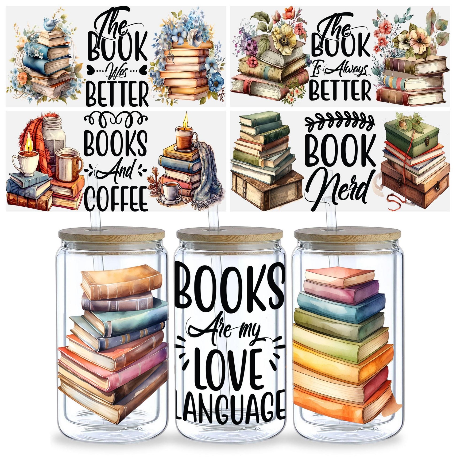 5sheets Book Design UV DTF Cup Stickers, Waterproof Sticker Pack For Decorating Mugs, Cups, Bottles, School Supplies, Etc, Arts Crafts, DIY Art Supplies