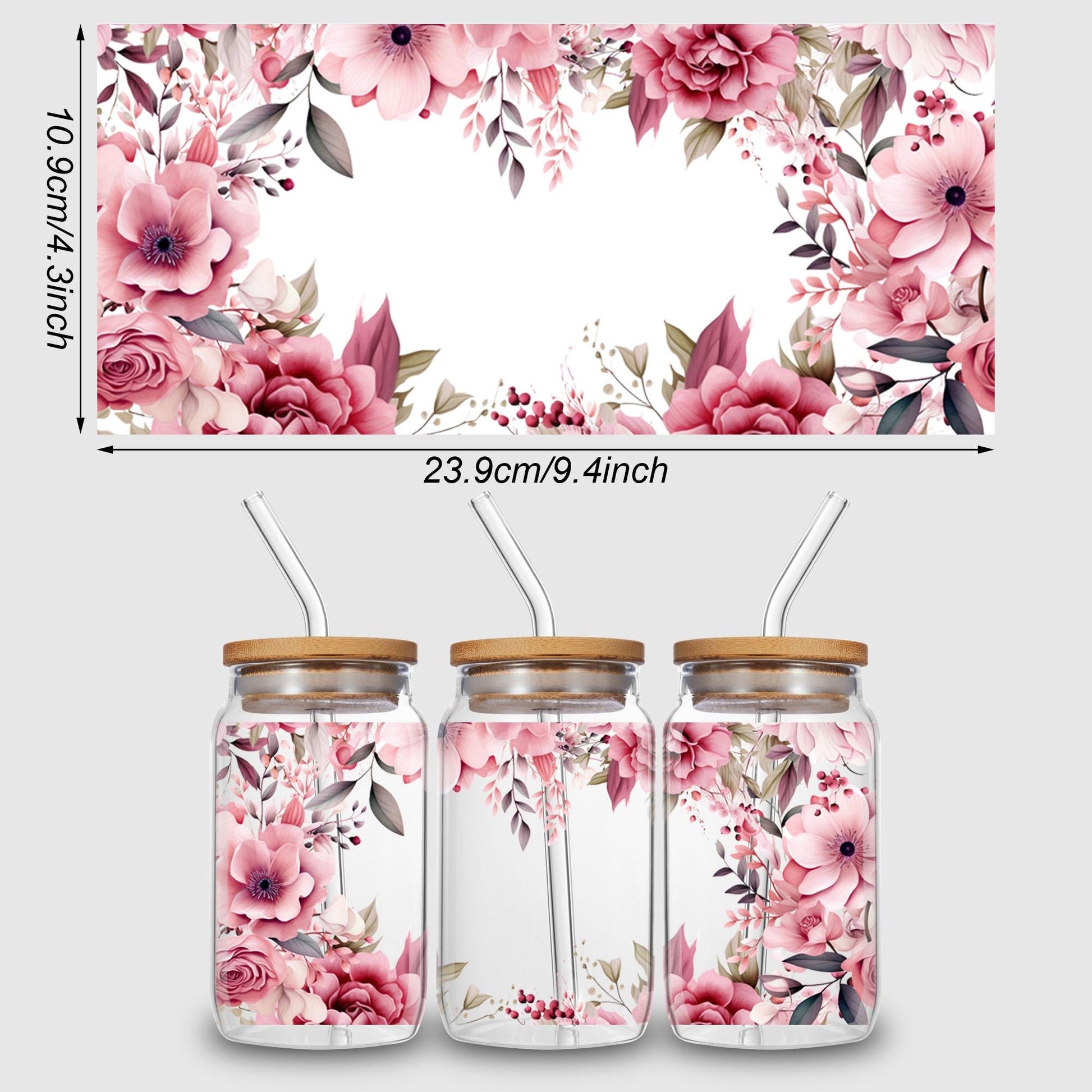 5 sheets flowers UV DTF Cup sticker, glass movement DTF transfer decal, waterproof wipe transfer paper, suitable for 16 oz glass, CUP, crafts, furniture