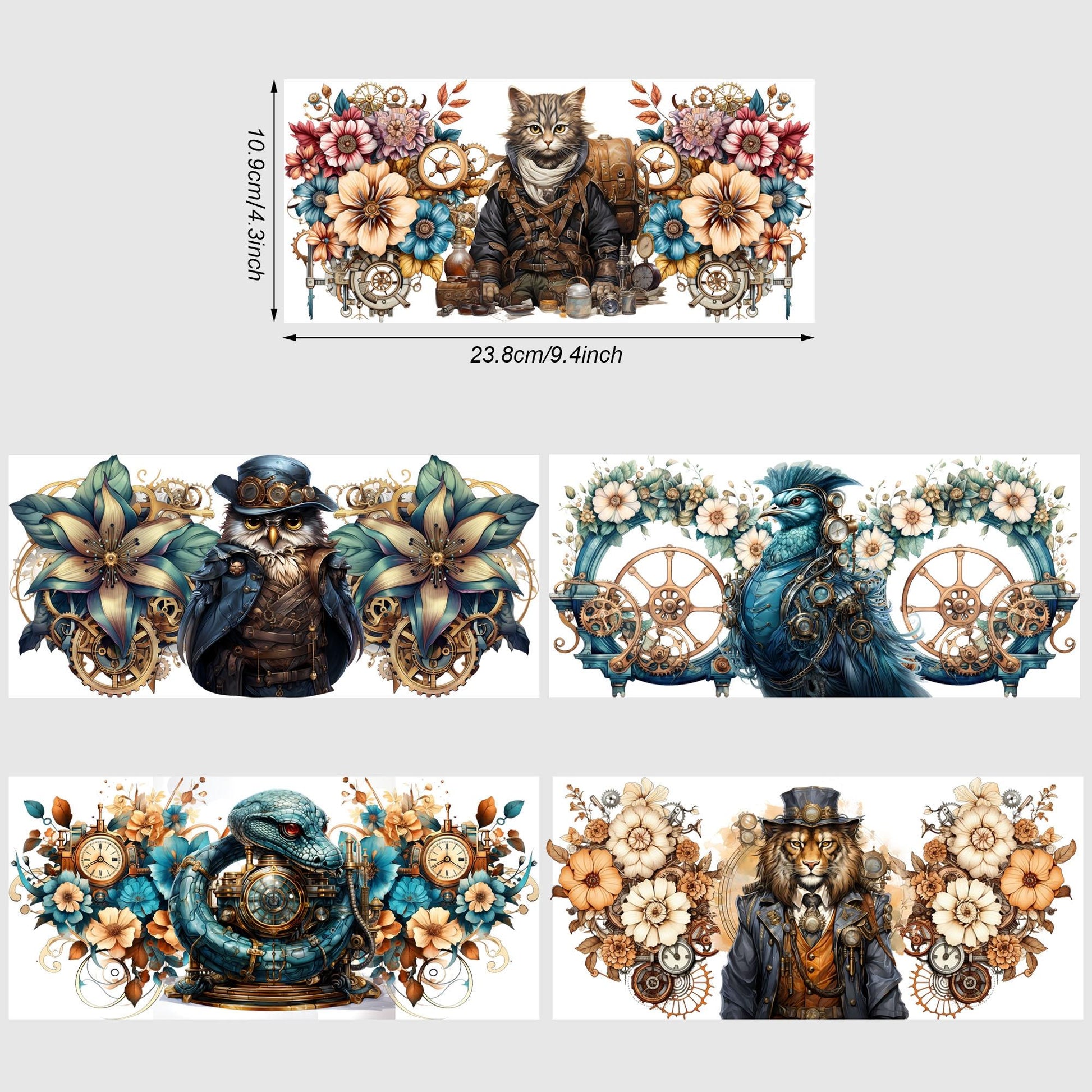 5 Sheets Steampunk UV DTF Cup Wrap,Sport DTF Transfer Stickers for Glass Cup,Waterproof funny Punk animal Rub on Transfers for 16 oz Glass,Mugs,Crafts,Furnitures