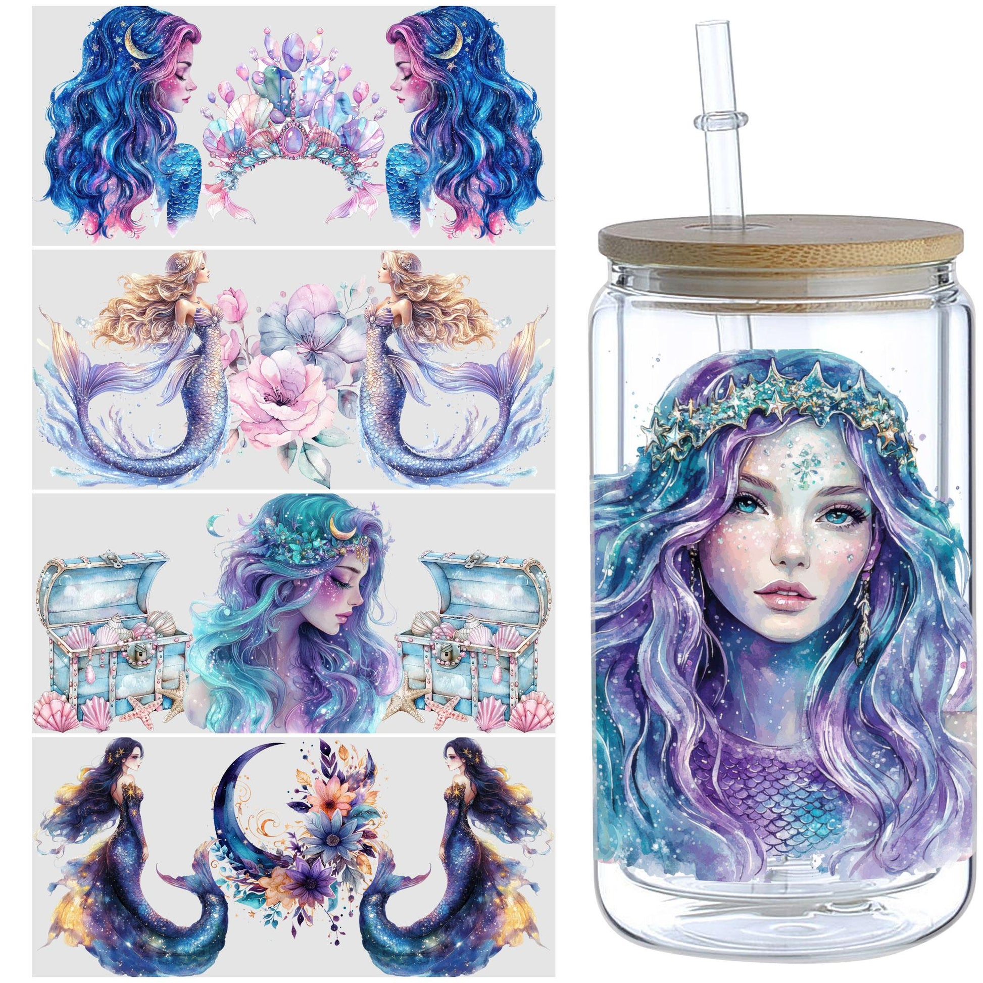 5 Sheets Mermaid UV DTF Cup Stickers, Glass Cup DTF Transfer Stickers, Waterproof Beautiful Mermaid Wipeable Transfer Paper for 16 Ounces Glass Cups, Mugs, Crafts, Furniture
