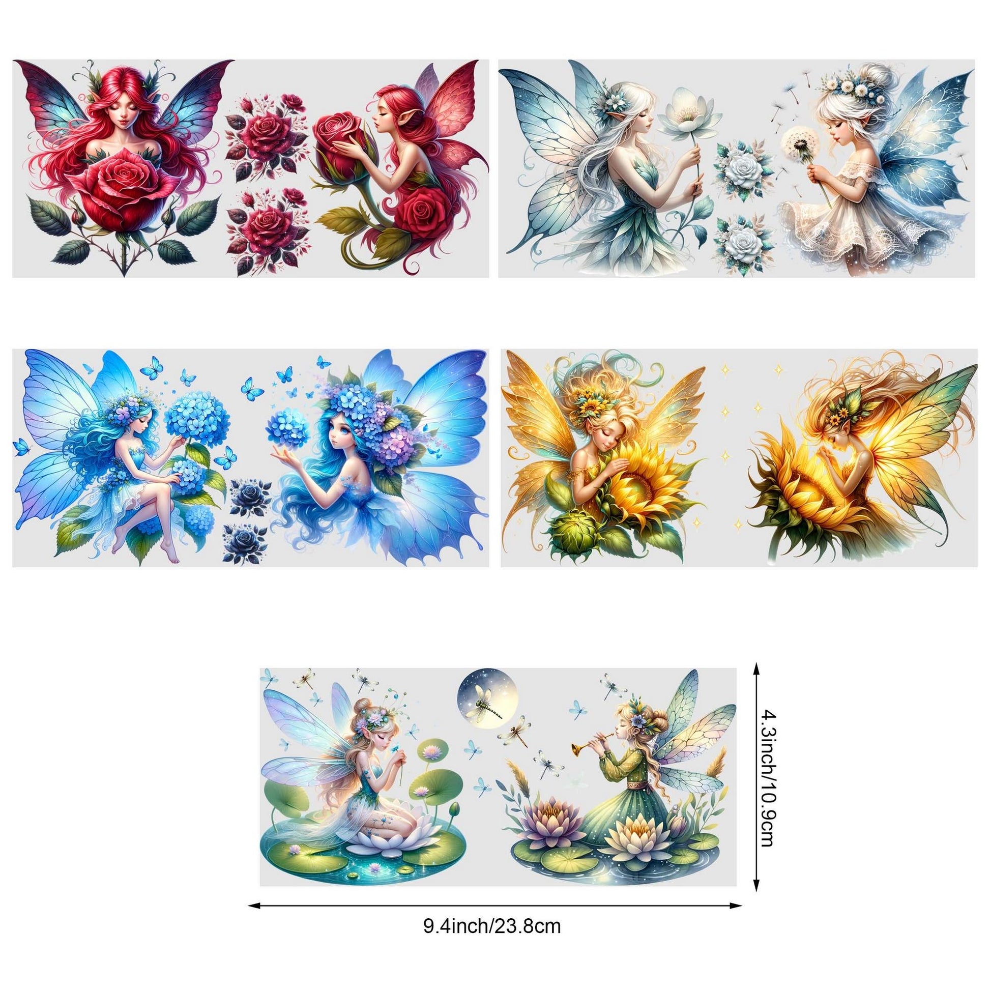 5sheets Flower Fairy UV DTF Cup Packaging for 16oz Glass Cup, Waterproof Beautiful Design UV DTF Sticker Suitable for 16oz Glass Cup, DIY, Furniture, Crafts