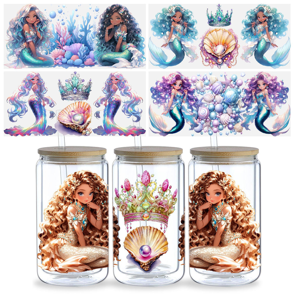 5 Sheets Mermaid UV DTF Cup Sleeve 16oz, DTF Cup Sleeve Transfer Glass, Water Bottle Waterproof Sticker, Friction Transfer Sticker, Furniture Crafts