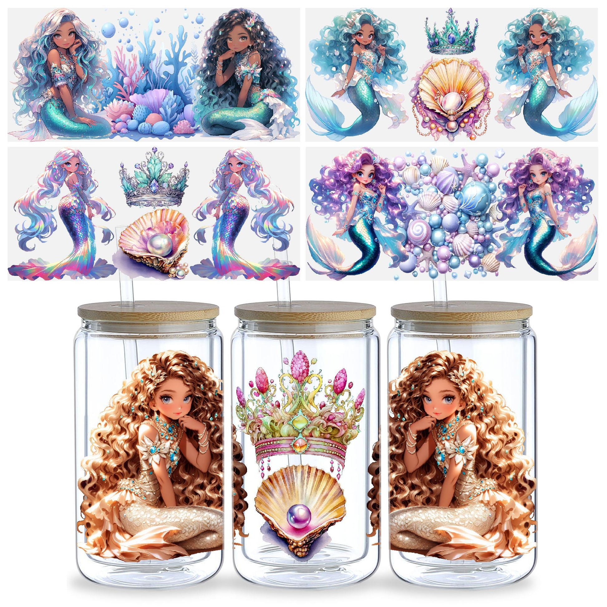 5 Sheets Mermaid UV DTF Cup Sleeve 16oz, DTF Cup Sleeve Transfer Glass, Water Bottle Waterproof Sticker, Friction Transfer Sticker, Furniture Crafts