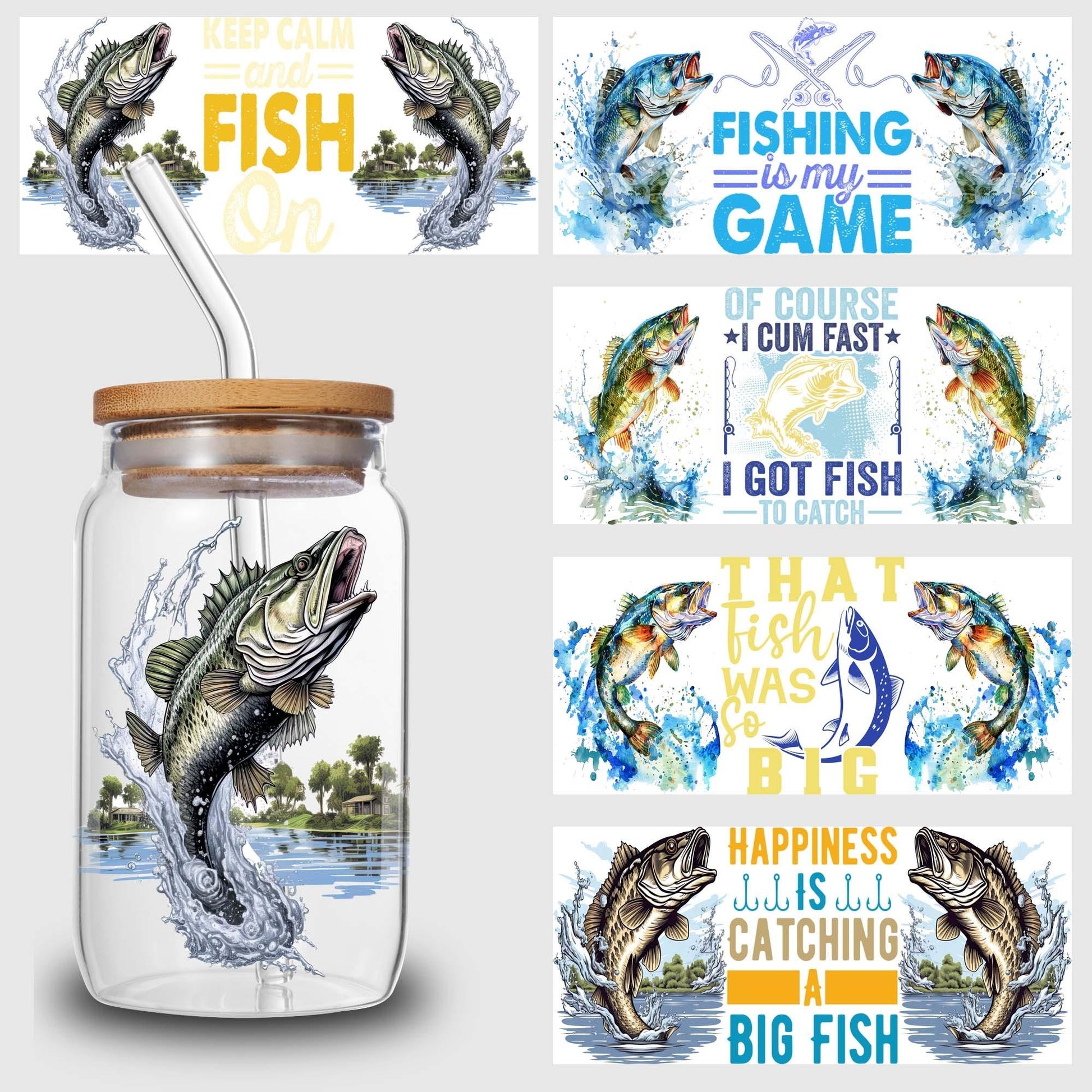 5 sheets of fishing UV DTF cup holder 16 oz, DTF cup holder transfer glass, water bottle waterproof sticker, friction transfer sticker, DIY