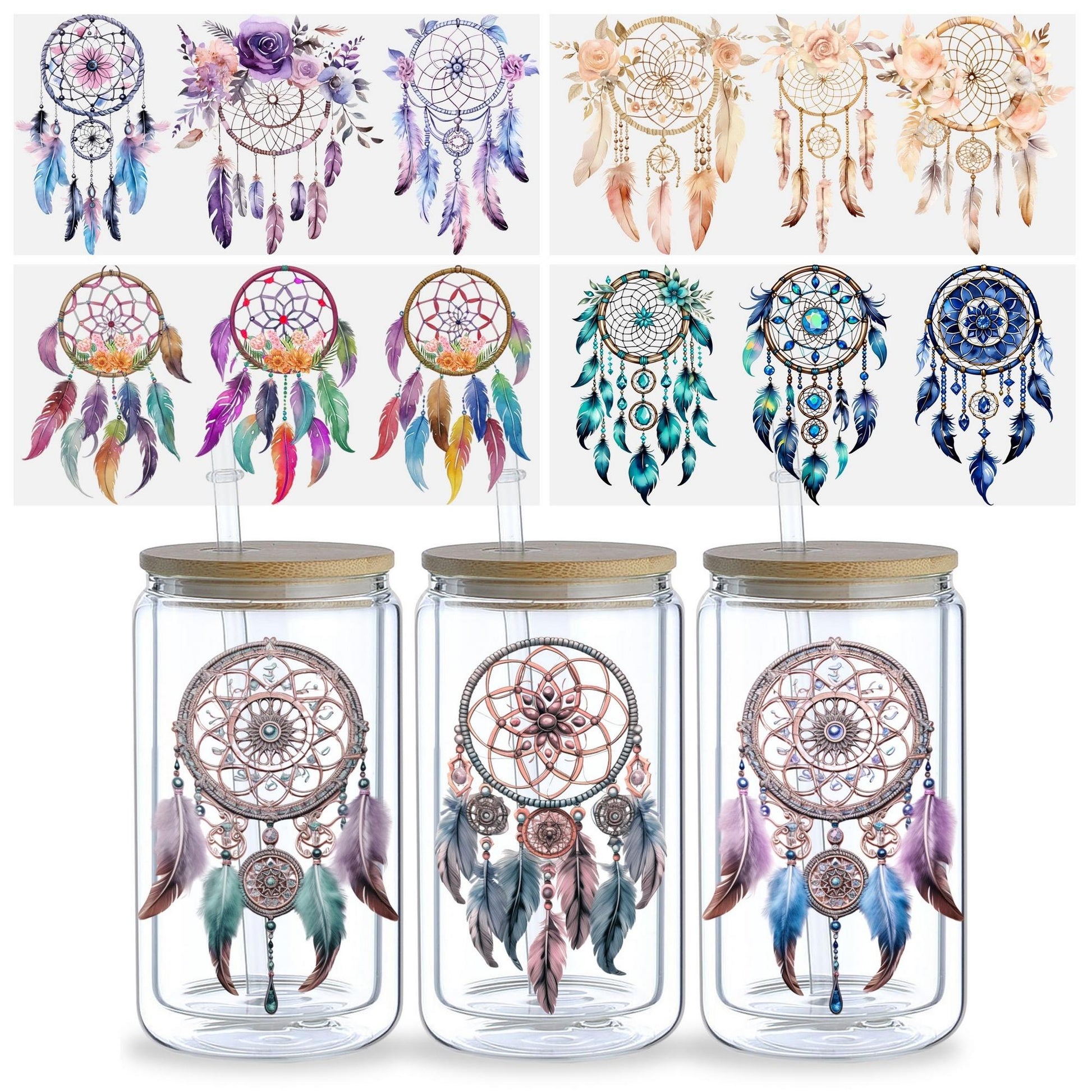 5 sheets Feathers Bohemian Dream Catcher UV DTF Cup Stickers, Glass Sports DTF Transfer Stickers, Waterproof Wipe-On Transfer Film for 16 oz Glass, Mugs, Crafts, Furniture