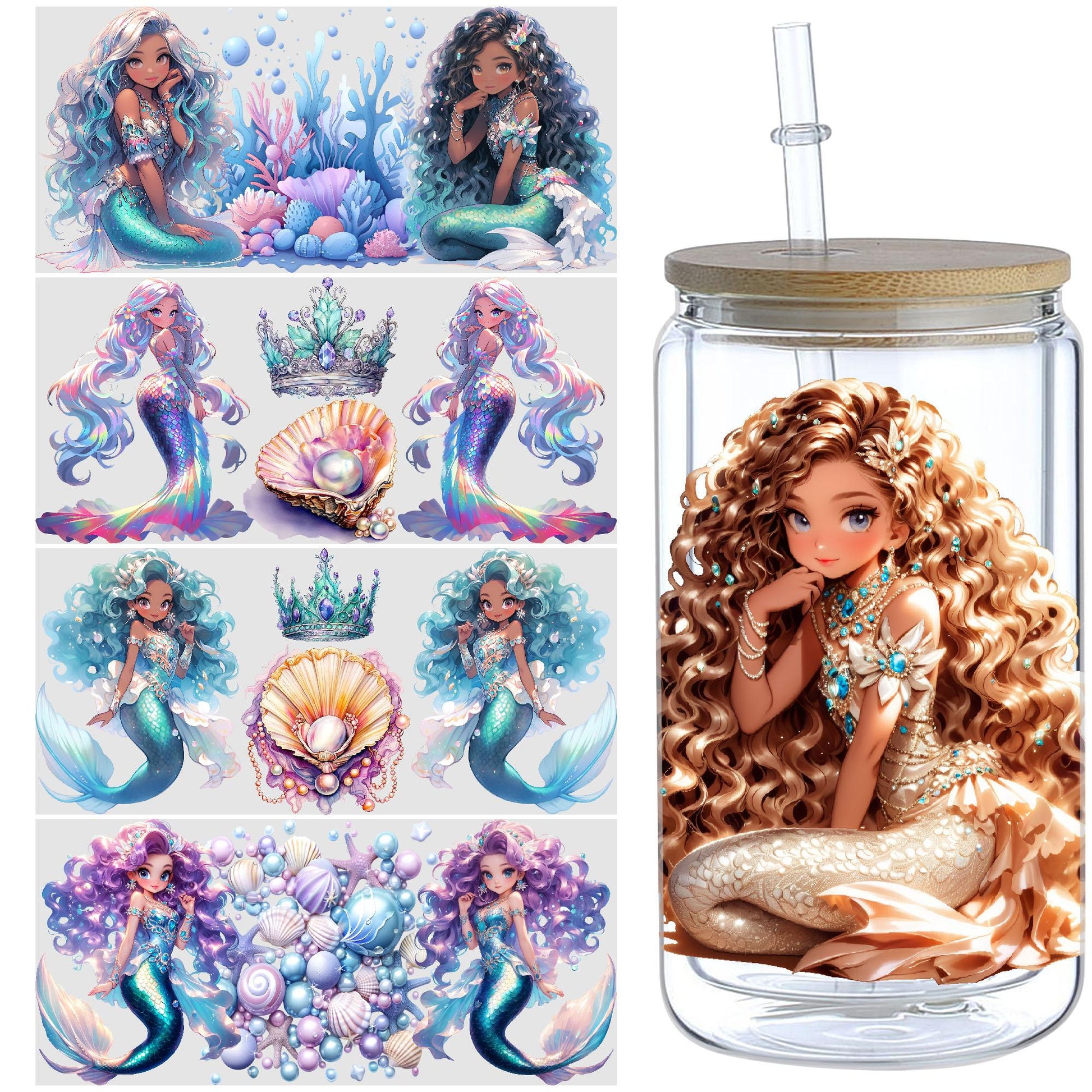 5 Sheets Mermaid UV DTF Cup Sleeve 16oz, DTF Cup Sleeve Transfer Glass, Water Bottle Waterproof Sticker, Friction Transfer Sticker, Furniture Crafts