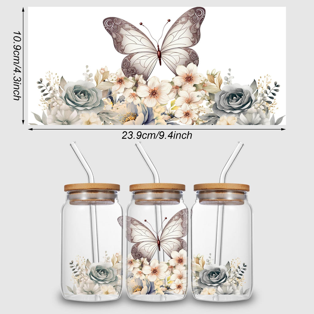 5 Sheets Butterfly and Flowers UV DTF Cup Stickers, Glass Sport DTF Transfer Stickers, Waterproof Plant Wipe Transfer Paper for 16 oz Glass, Mugs, Crafts, Furniture