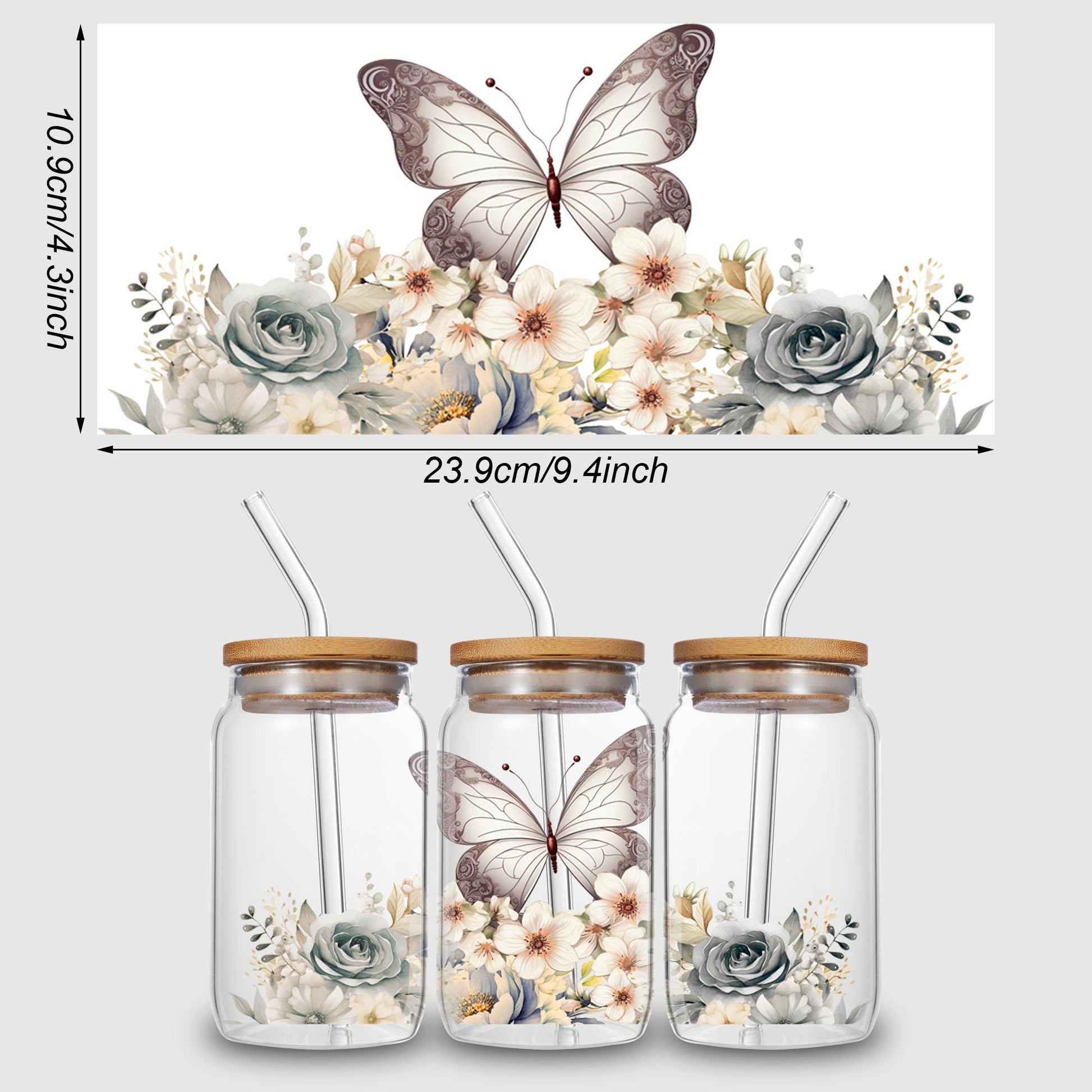 5 Sheets Butterfly and Flowers UV DTF Cup Stickers, Glass Sport DTF Transfer Stickers, Waterproof Plant Wipe Transfer Paper for 16 oz Glass, Mugs, Crafts, Furniture
