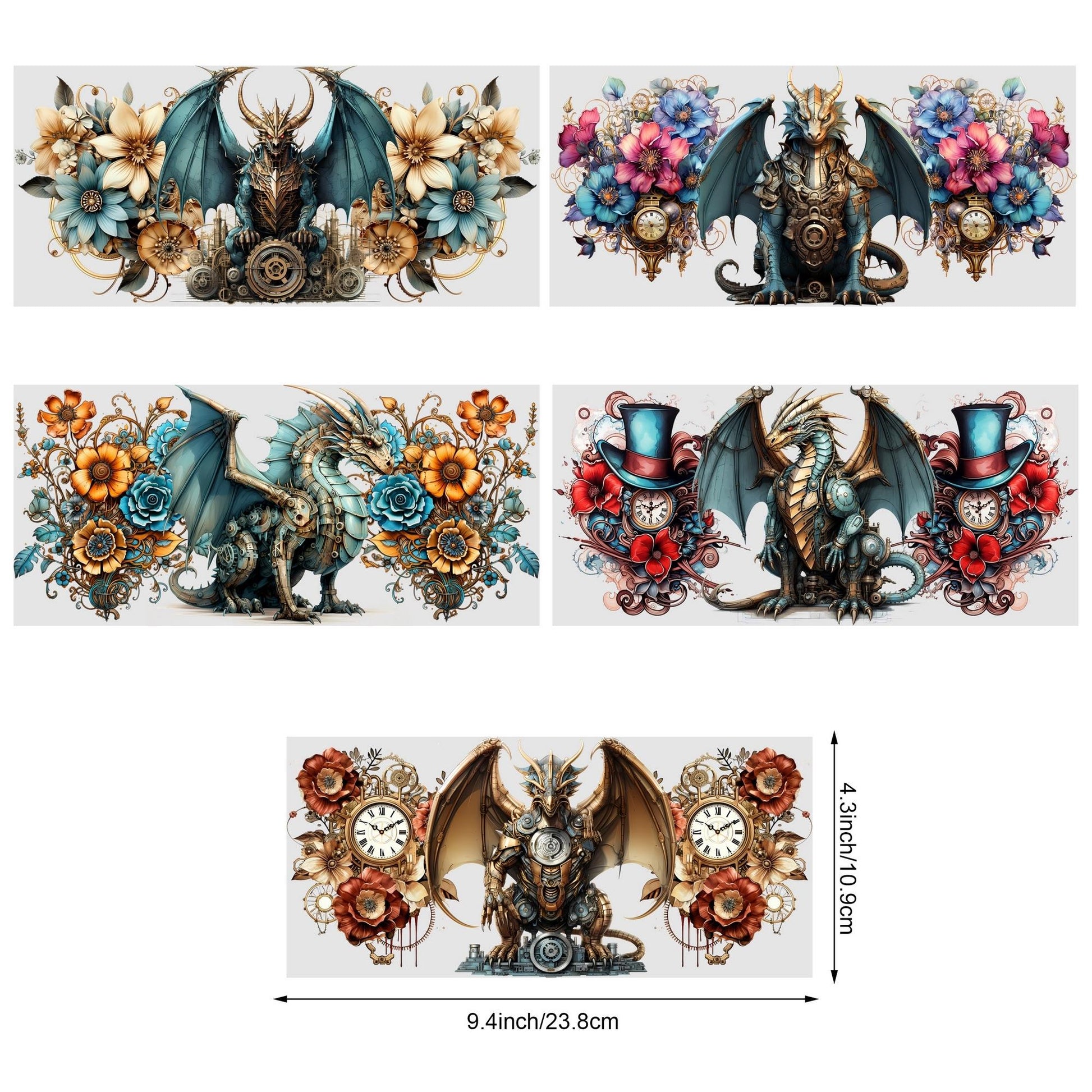 5sheets Steampunk Dragon Pattern UV DTF Cup Stickers, Waterproof Sticker Pack For Decorating Mugs, Cups, Bottles, School Supplies, Etc, Arts Crafts, DIY Art Supplies