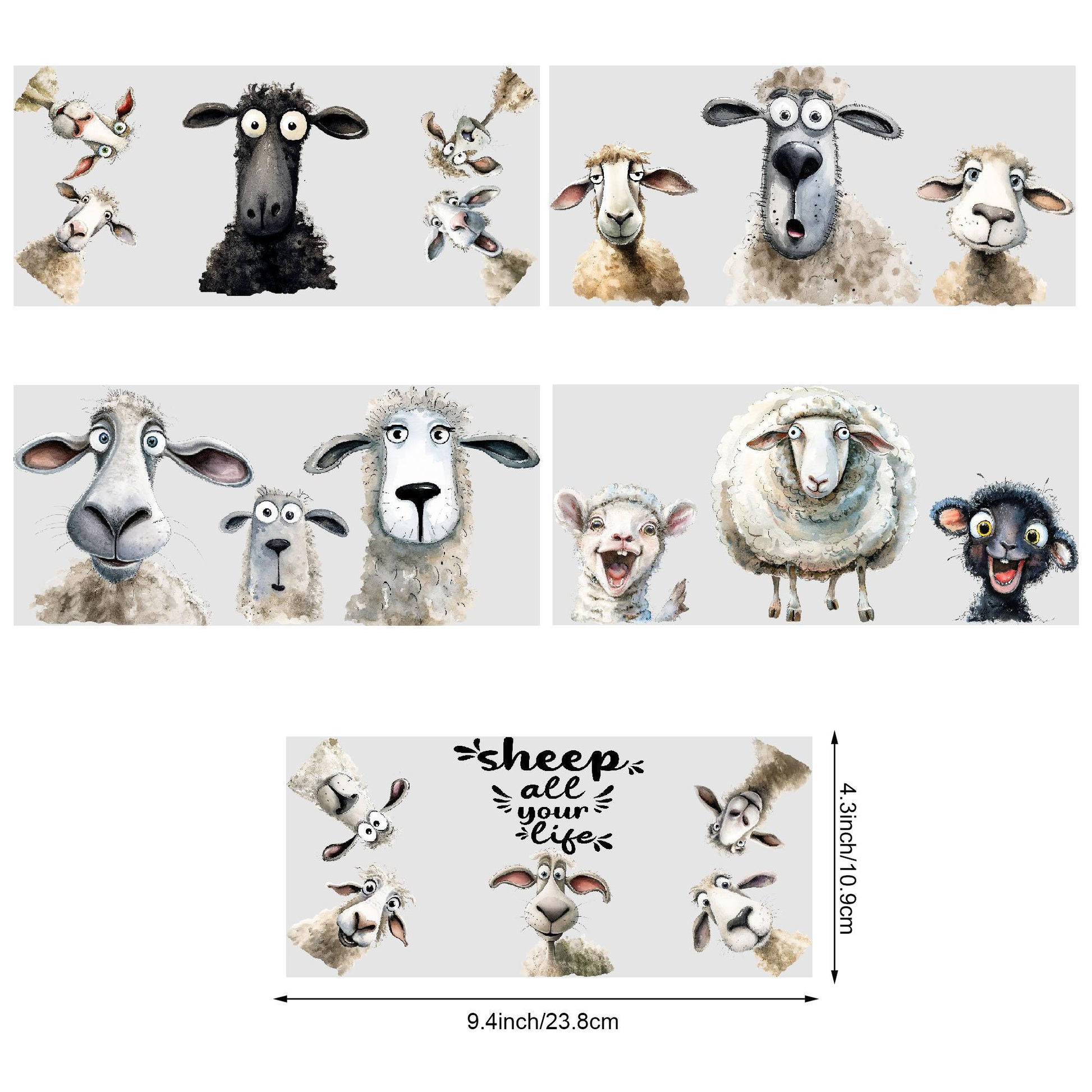 5 sheets Sheep UV DTF Cup Stickers, Glass Cup DTF Transfer Stickers, Waterproof Funny Sheep Wipeable Transfer Paper for 16 oz Glass, Cups, Crafts, Furniture