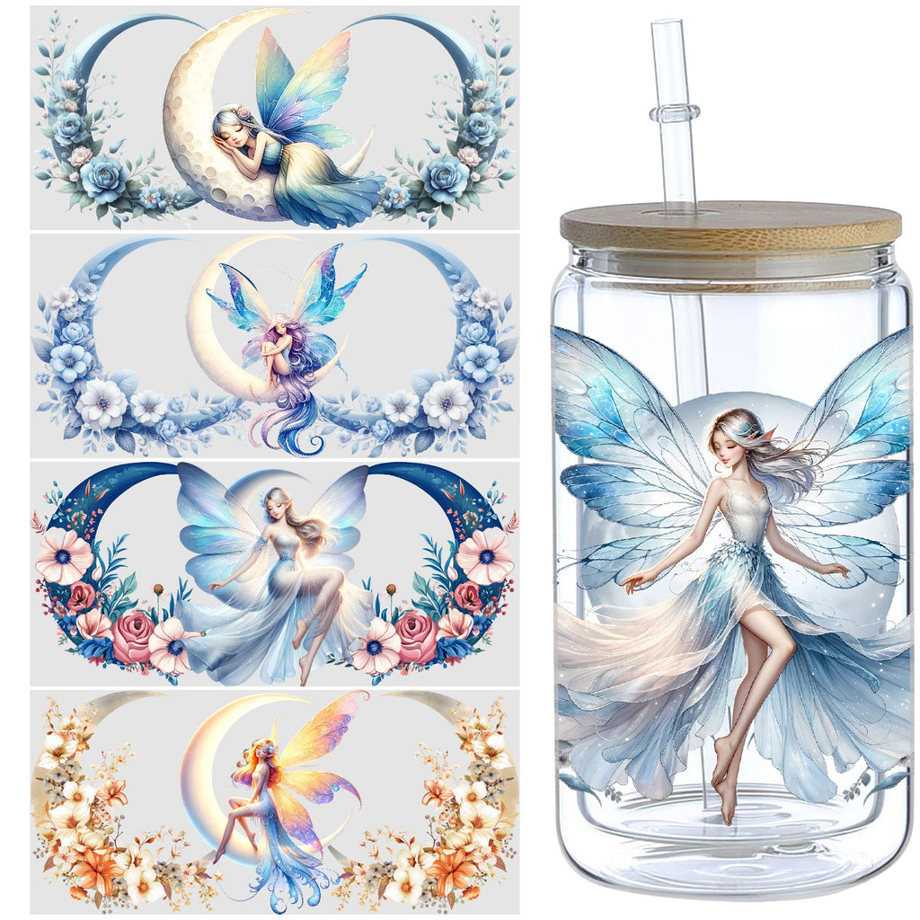 5 Sheets Moon Fairy UV DTF Cup Stickers, Glass Cup DTF Transfer Stickers, Waterproof Magic Moon Fairy Wipeable Transfer Paper for 16 Ounces Glass Cups, Mugs, Crafts, Furniture