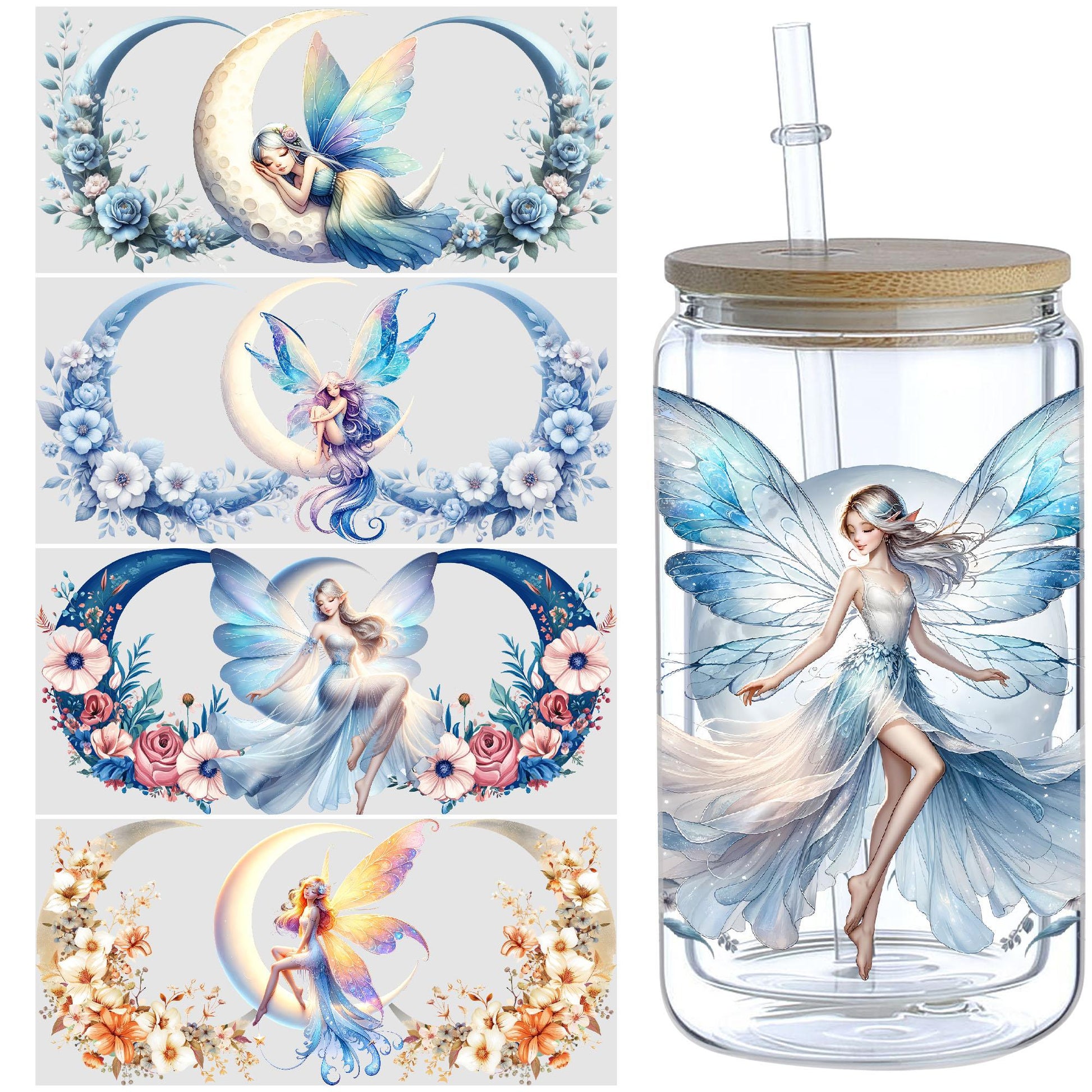 5 Sheets Moon Fairy UV DTF Cup Stickers, Glass Cup DTF Transfer Stickers, Waterproof Magic Moon Fairy Wipeable Transfer Paper for 16 Ounces Glass Cups, Mugs, Crafts, Furniture