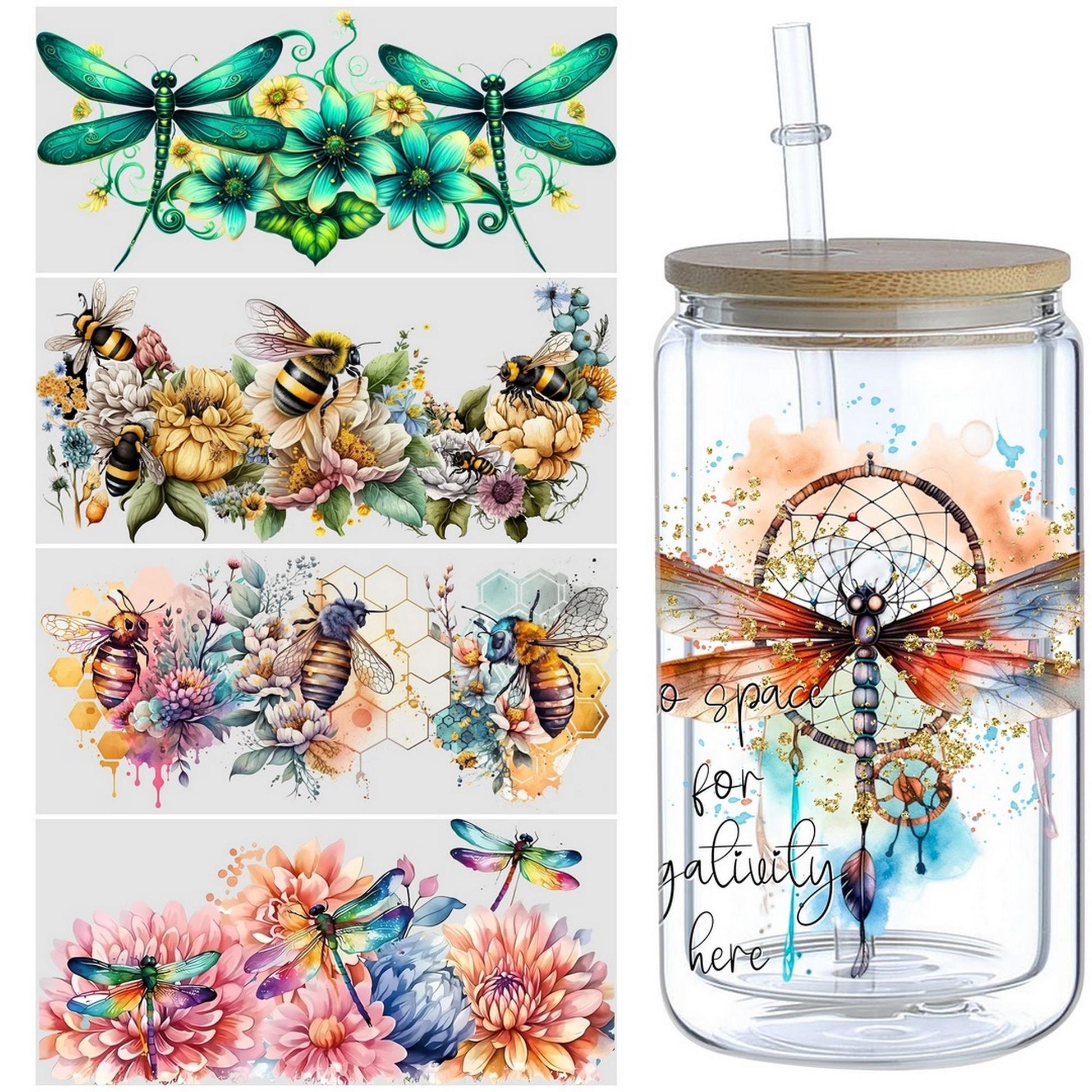 5 Sheets Butterfly UV DTF Glass Cup Wrap Transfer Stickers, DTF Transfer Stickers, Waterproof Wipe-Off Transfer