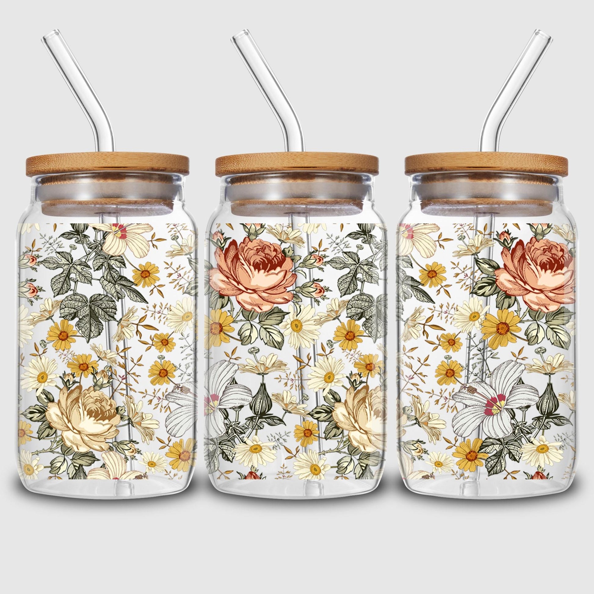 5 Sheets flowers UV DTF Cup Wrap,Sport DTF Transfer Stickers for Glass Cup,Waterproof plant Rub on Transfers for 16 oz Glass,Mugs,Crafts,Furnitures