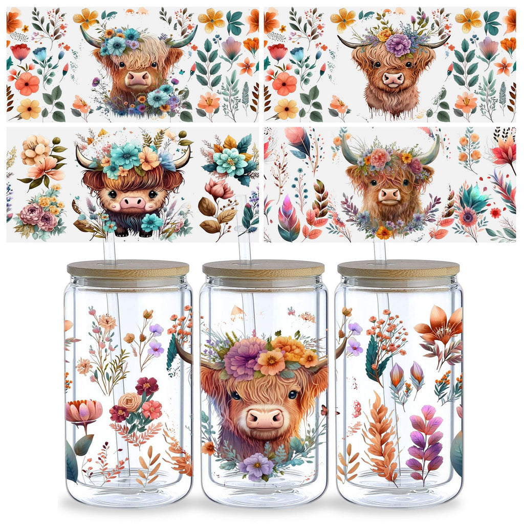 5 Sheets Cow Sunflower UV DTF Cup Stickers, Glass Movement DTF Transfer Stickers, Waterproof Beautiful Wipe-On Transfers for 16 oz Glass, Mugs, Crafts, Furniture