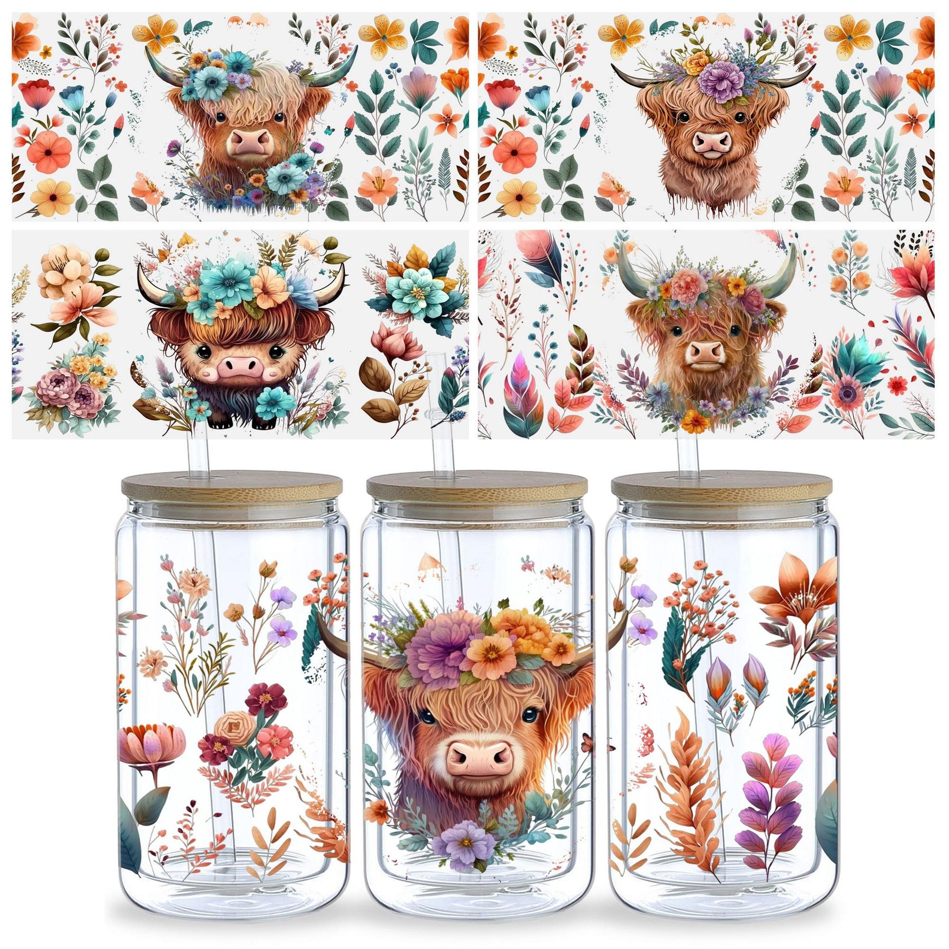 5 Sheets Cow Sunflower UV DTF Cup Stickers, Glass Movement DTF Transfer Stickers, Waterproof Beautiful Wipe-On Transfers for 16 oz Glass, Mugs, Crafts, Furniture