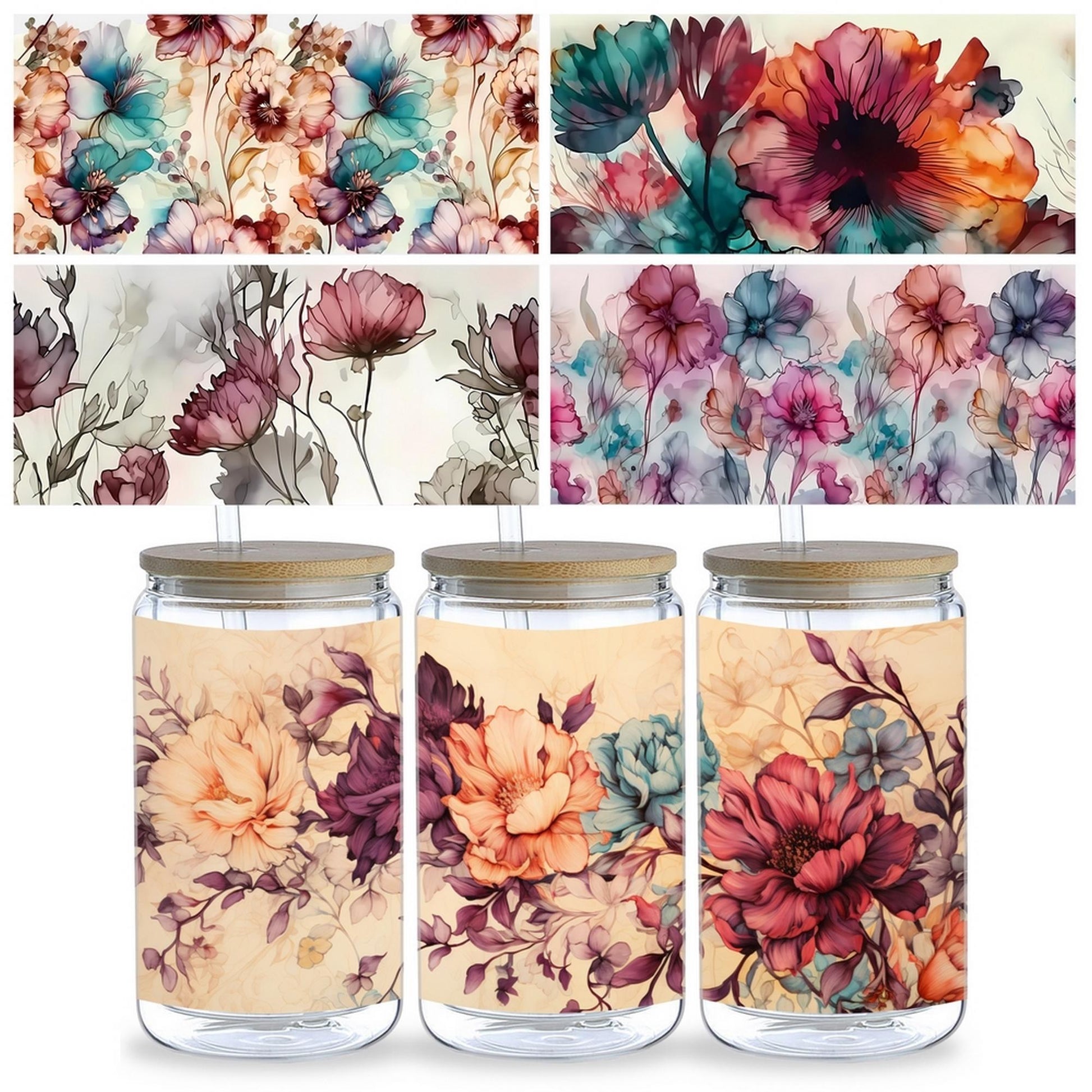 5 Sheets Butterfly and Flowers UV DTF Cup Stickers, Glass Movement DTF Transfer Stickers, Waterproof Wipe Transfer Paper for 16 oz Glass, Mugs, Crafts, Furniture