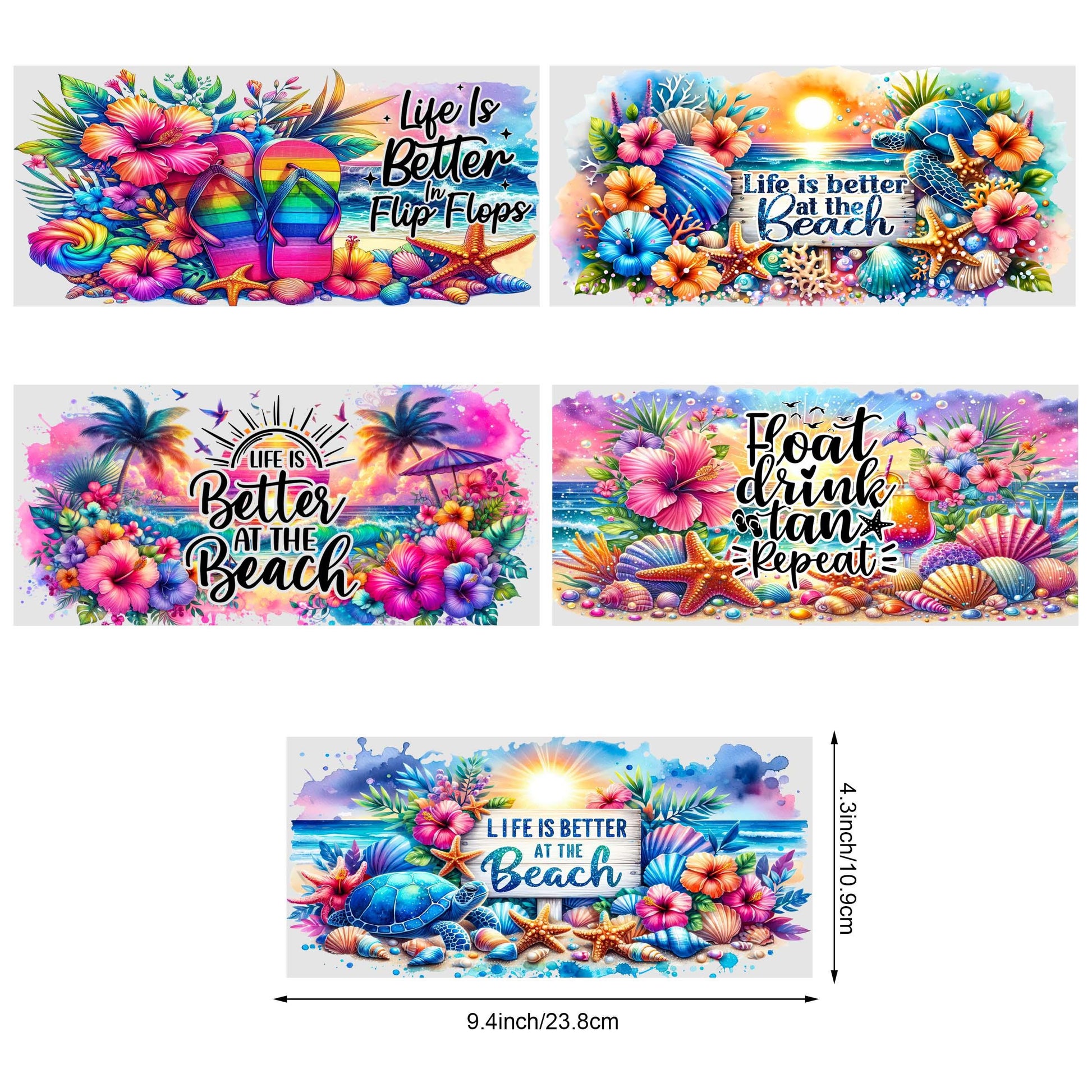 5 sheets summer DTF cup stickers, glass cup DTF transfer stickers, waterproof sea wipeable transfer paper, suitable for 16 oz glasses, cups, crafts, furniture